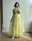 Vintage 70s Lemon Floral Tiered Maxi Dress
