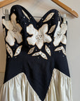 Vintage 90s Navy and Creme Satin Floral Gown