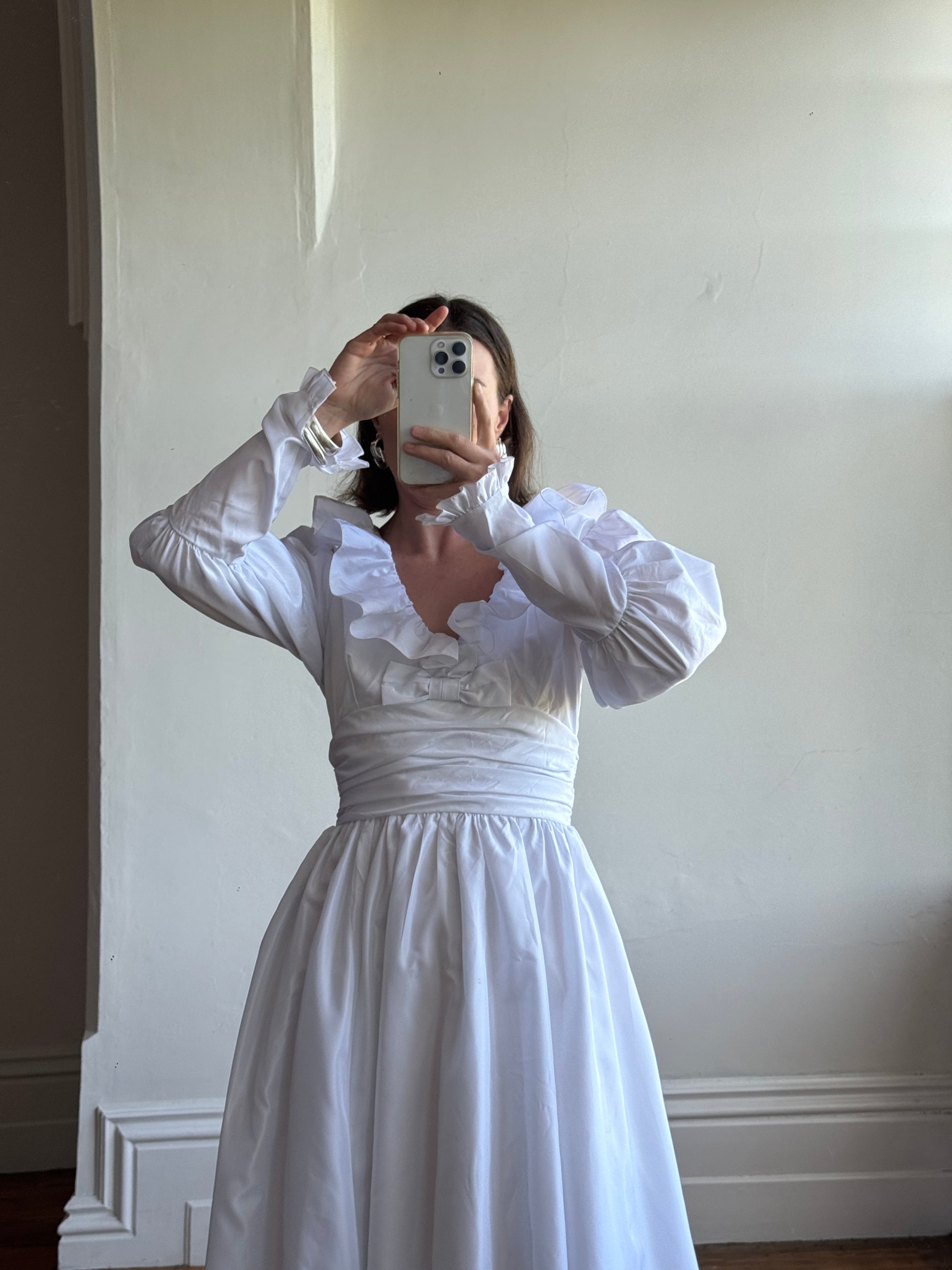 Vintage 70s Taffeta Frill Wedding Dress with Bow