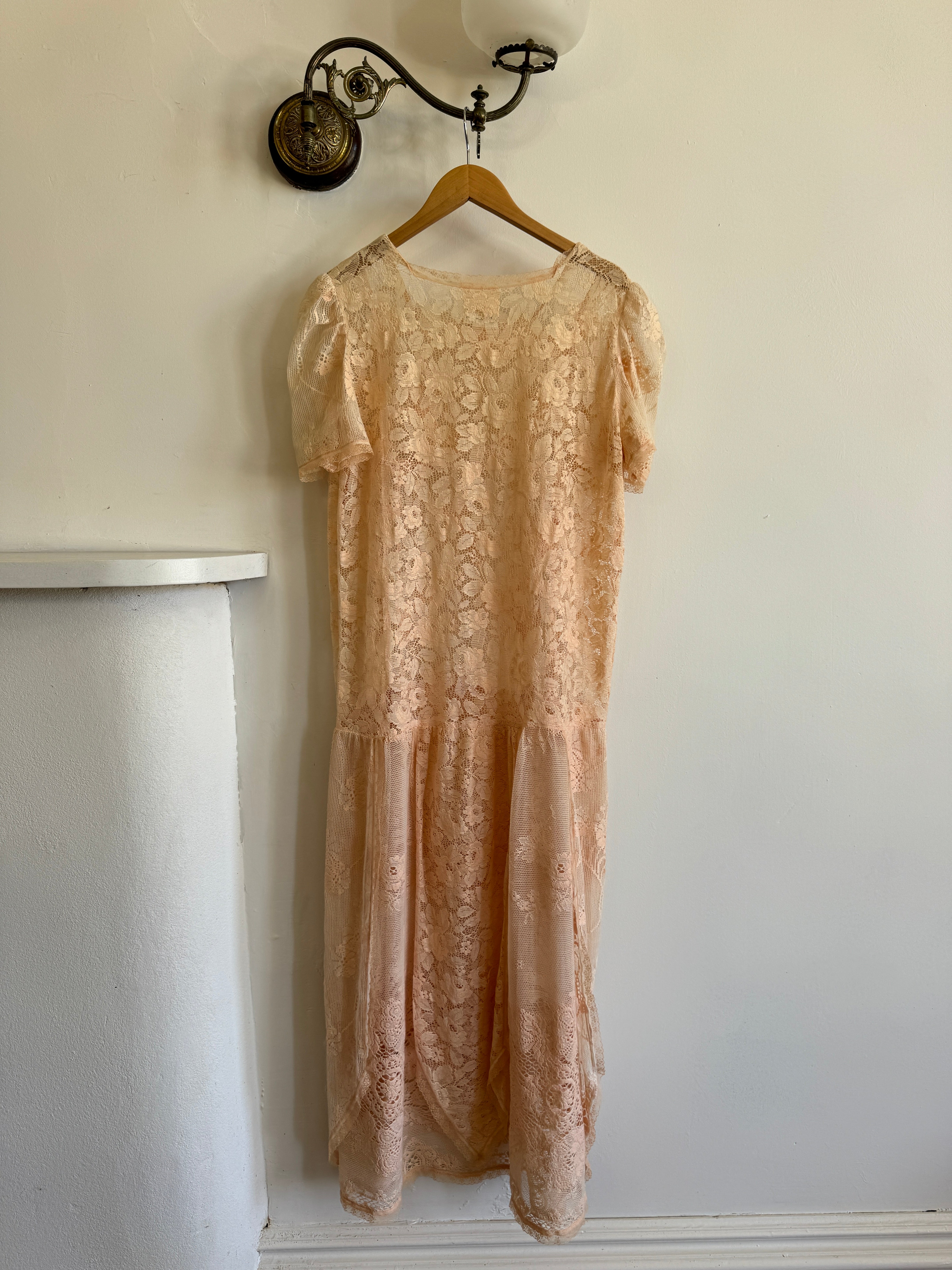 Vintage 70s Peach Cotton Lace Drop Waist Dress