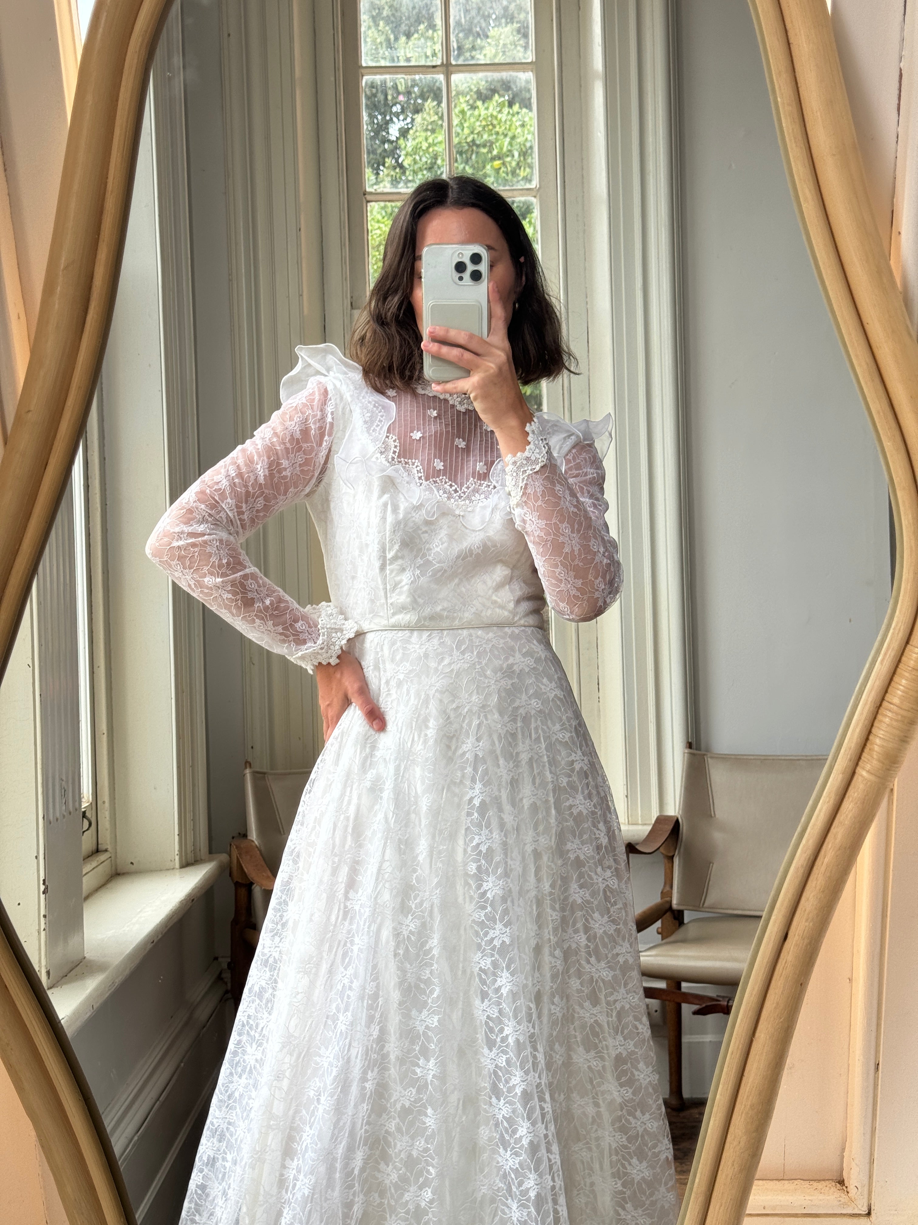 Vintage 70s Embroidered Lace Wedding Gown With Train