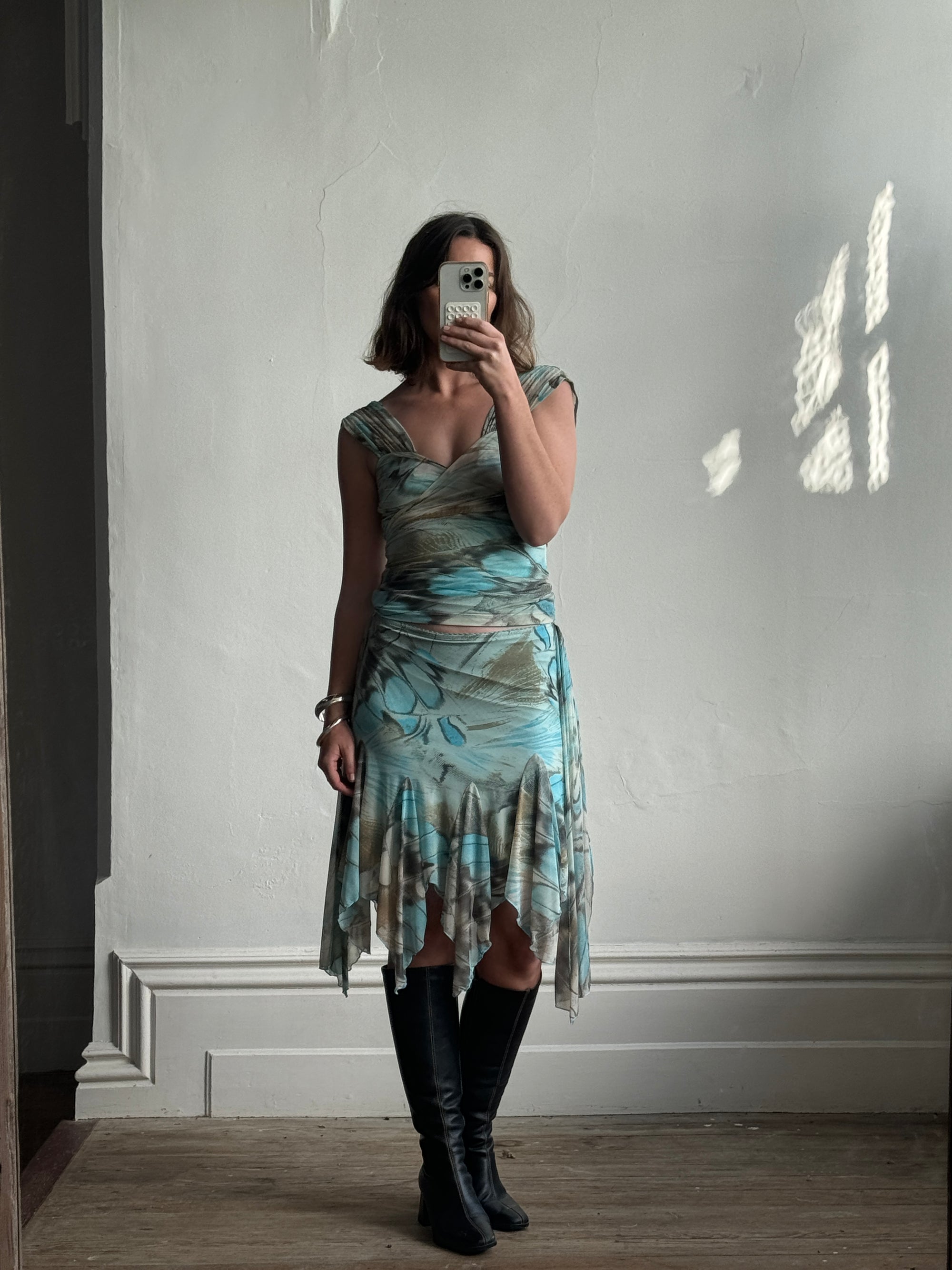 Vintage Y2K Butterfly Top and Skirt Set Aqua