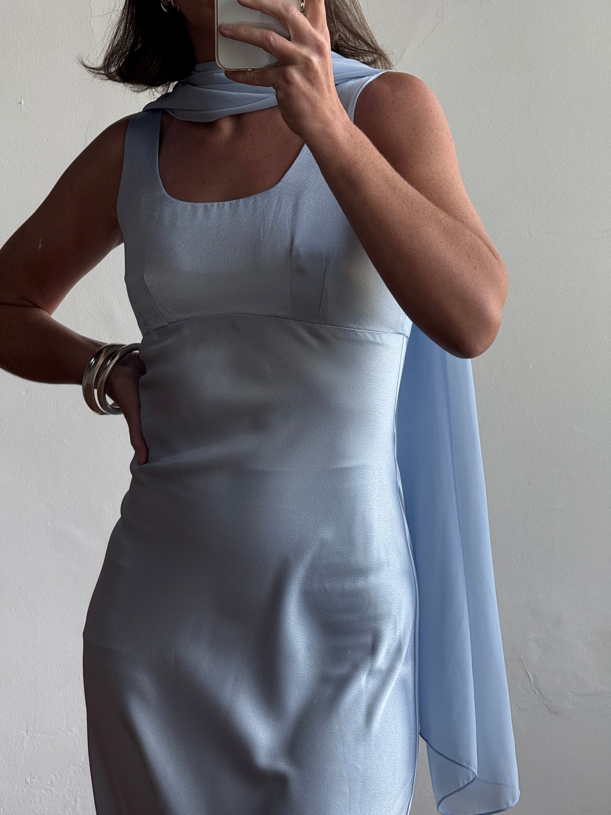 Vintage 90s Australian Made Satin Prom Dress with Scarf Ice Blue