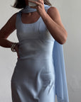 Vintage 90s Australian Made Satin Prom Dress with Scarf Ice Blue