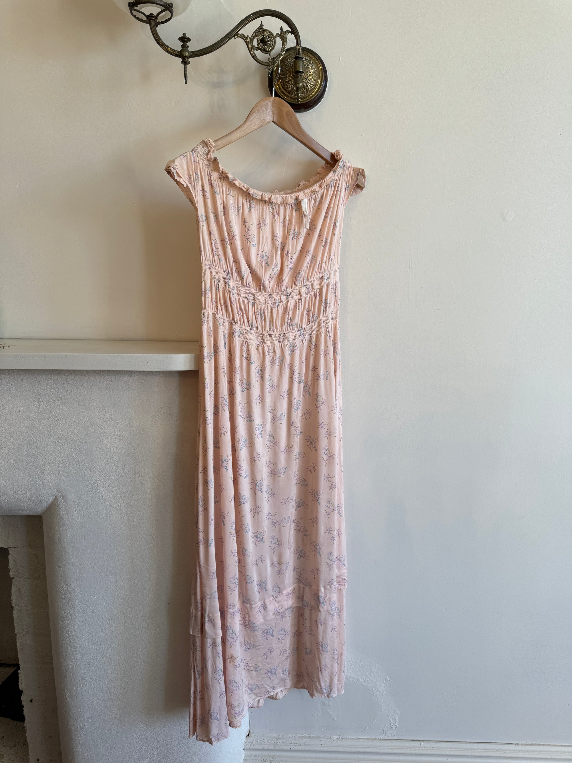 Vintage Baby Pink Floral Off The Shoulder Day Dress