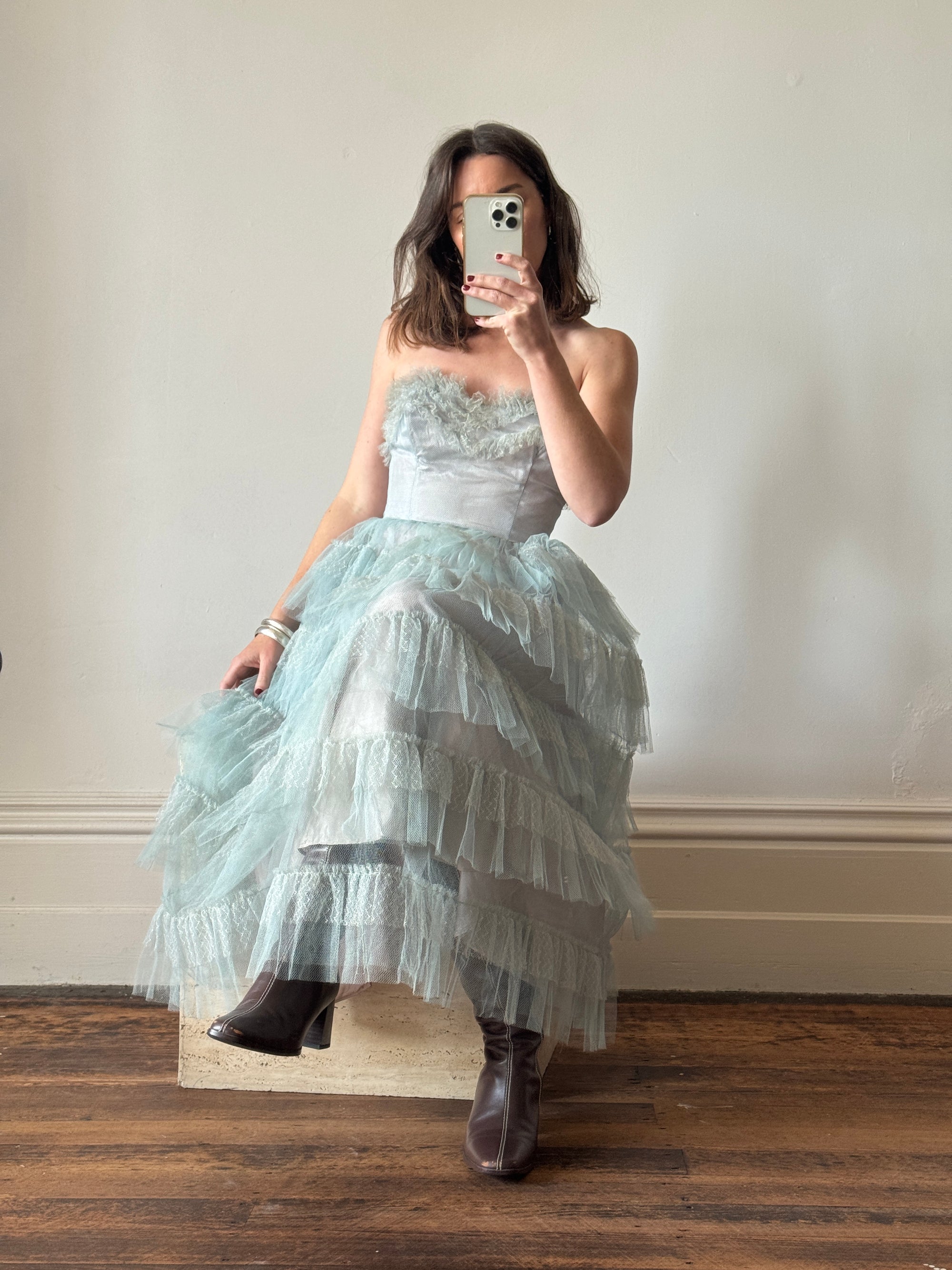 Vintage 40s Duck Egg Blue Tulle Prom Dress
