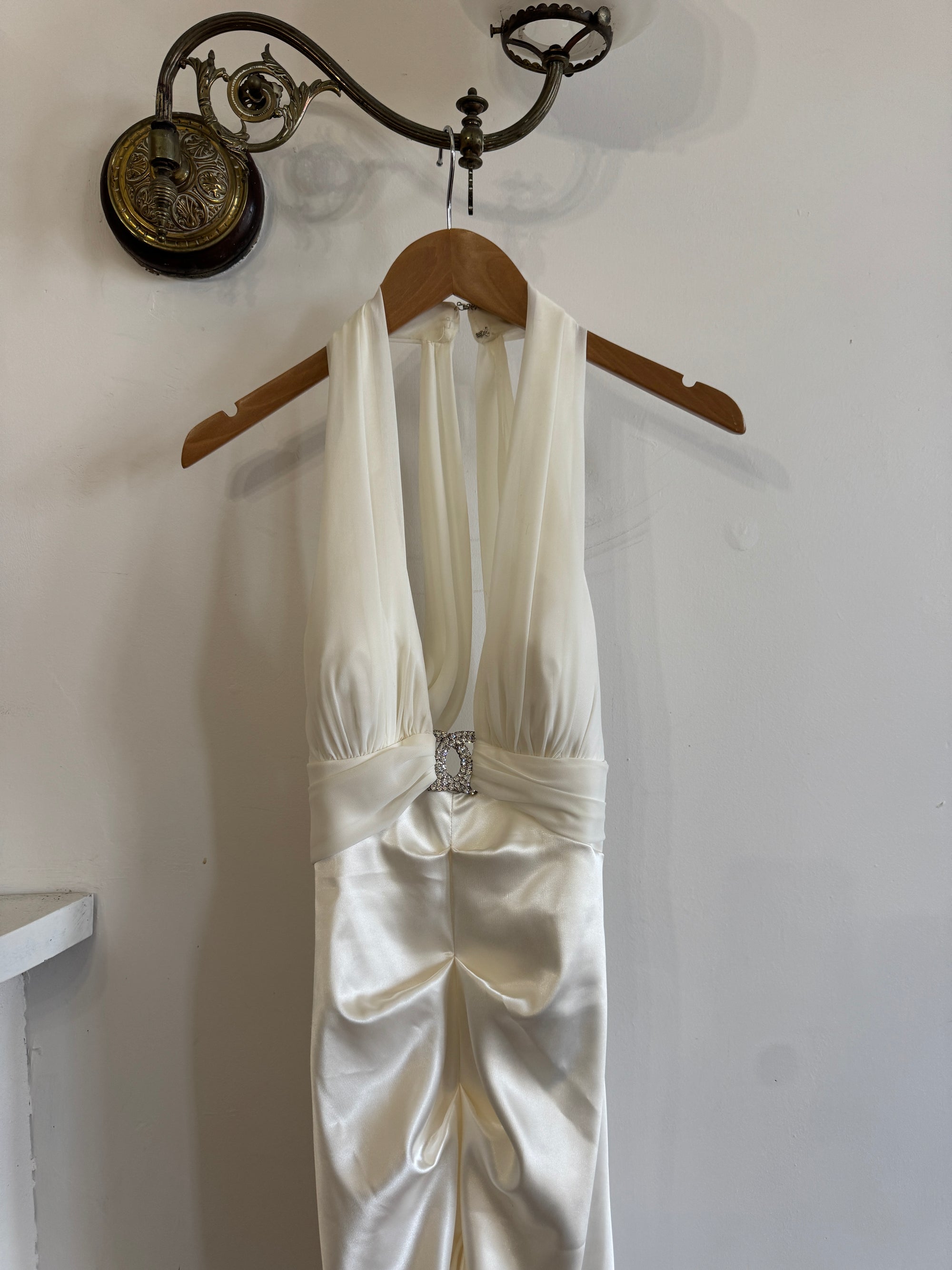 Vintage Y2K USA Made Mermaid Satin Fluted Dress Ivory