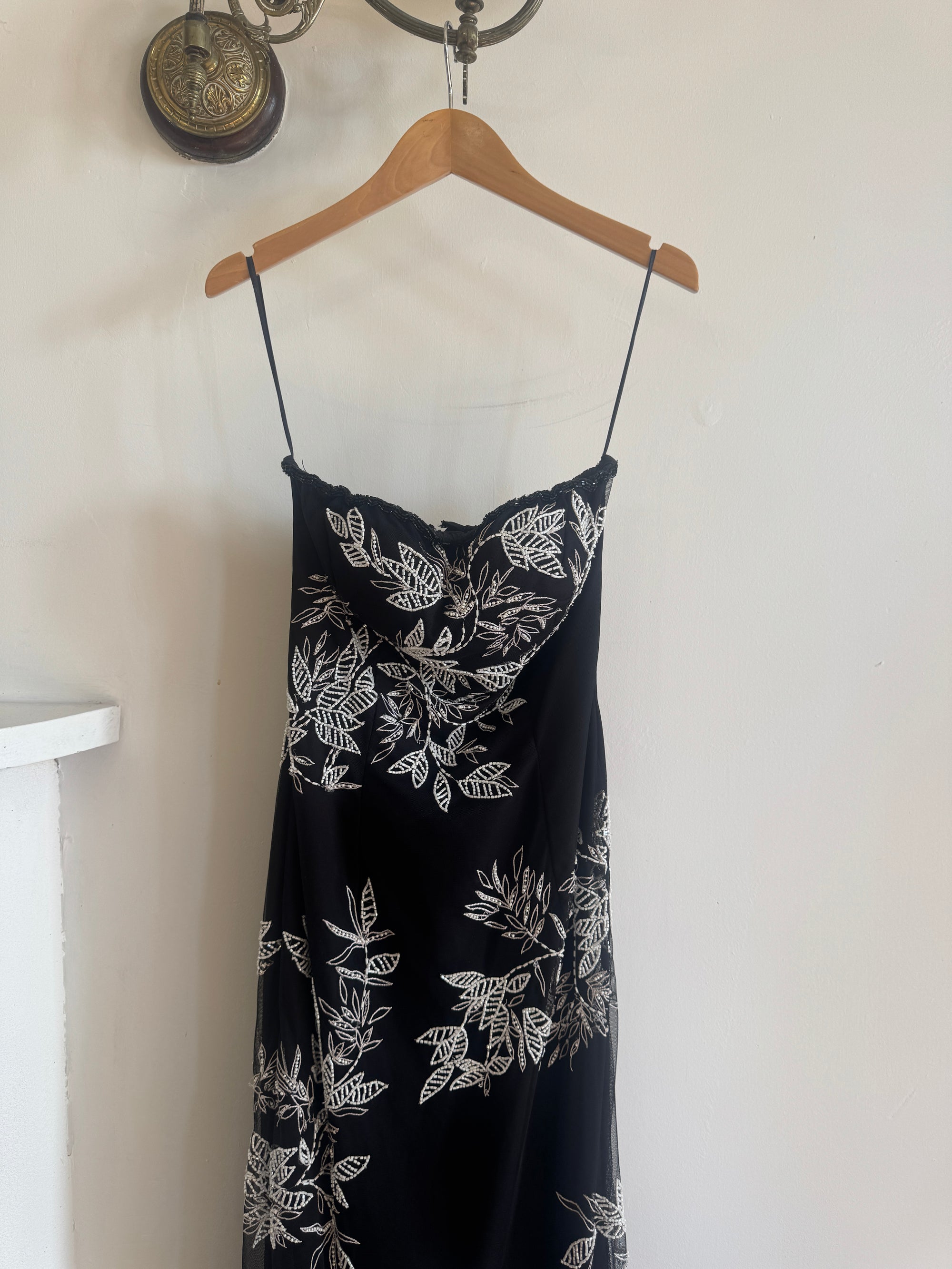 Vintage 90s Embroidered Net Strapless Dress Noir and White