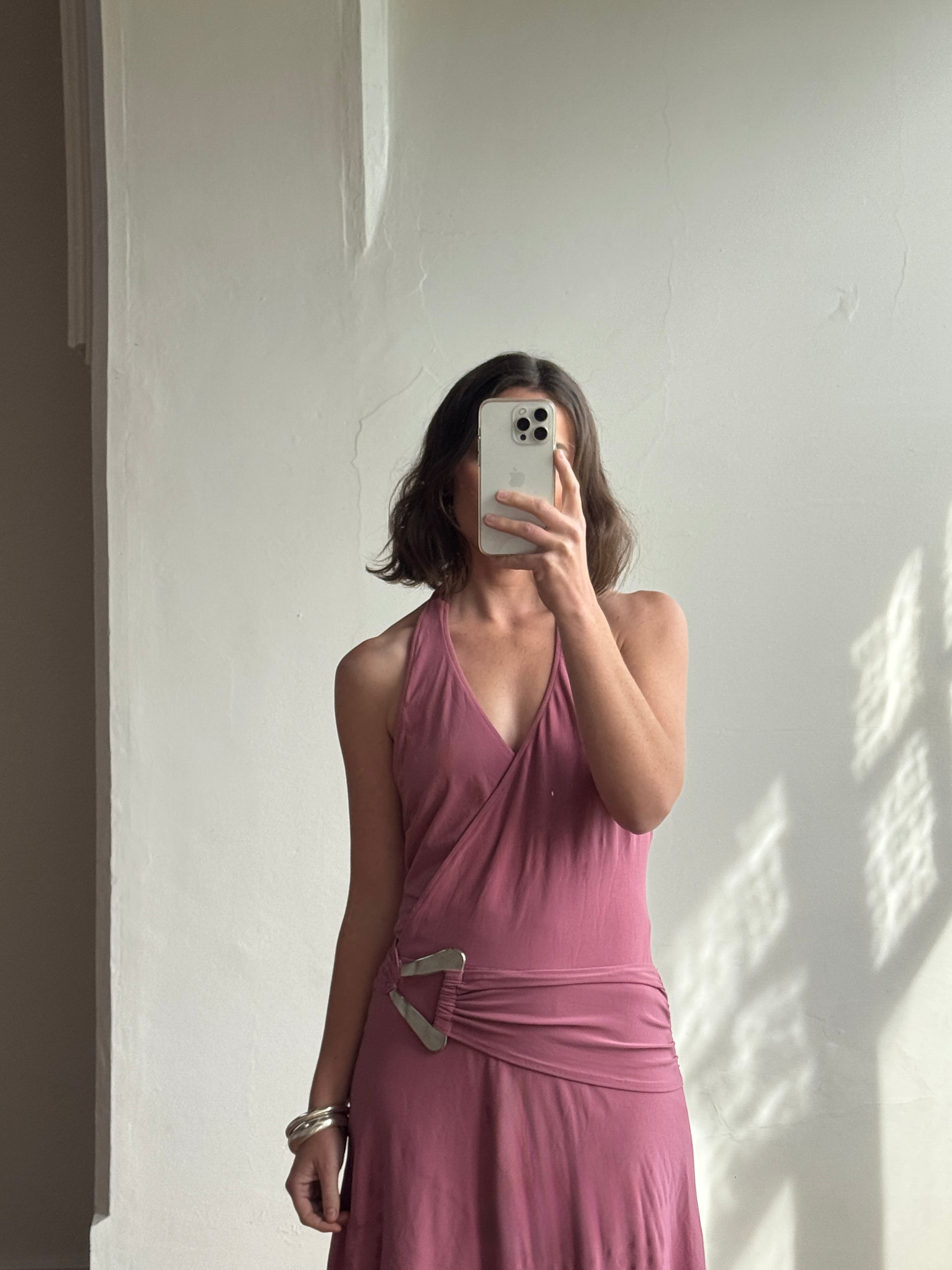 Vintage Y2K Australian Made Dusty Pink Jersey Dress With Silver Buckle
