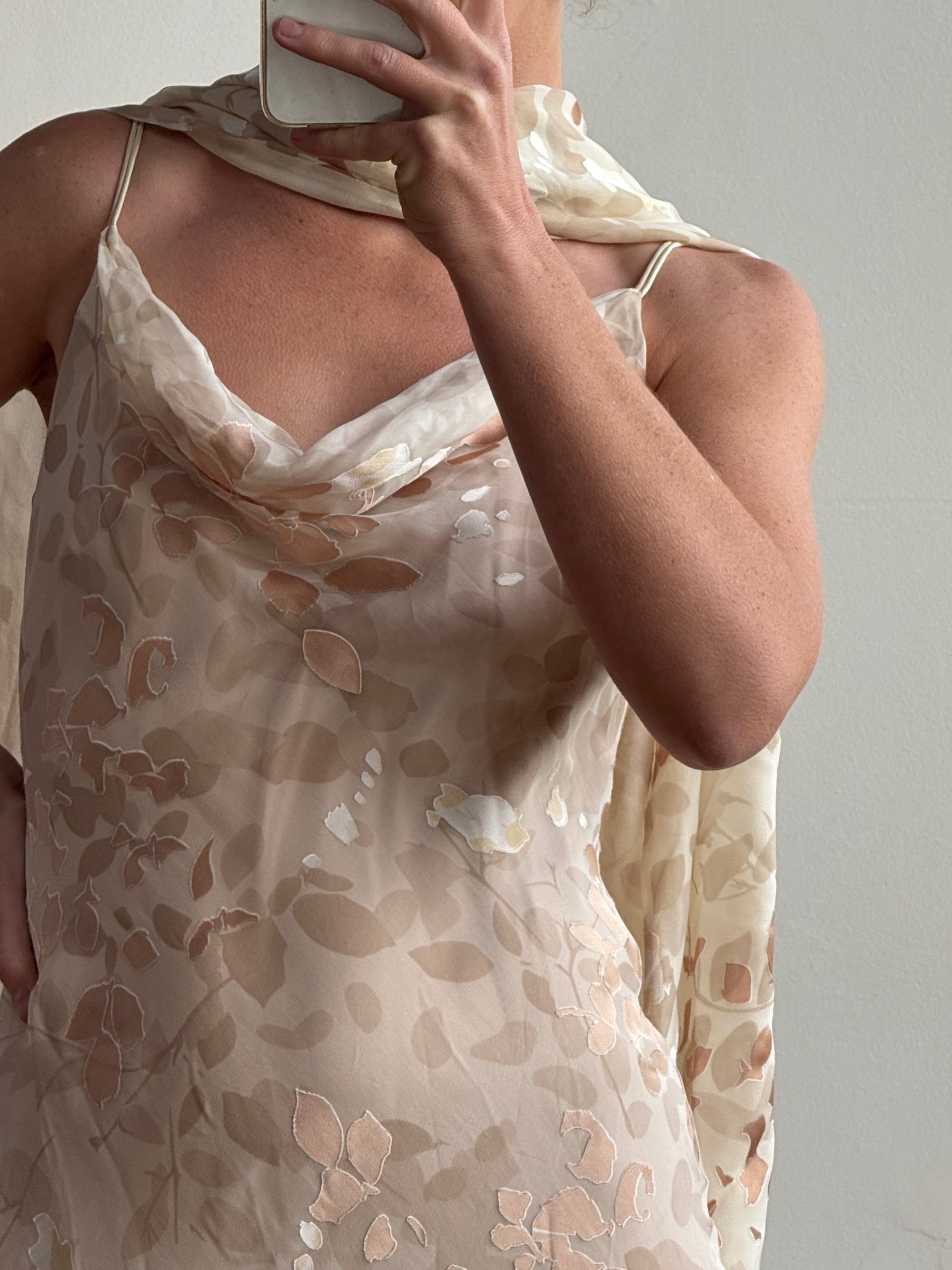 Vintage 90s Bias Cut Cowl Neck Nude Burnt Velvet with Scarf