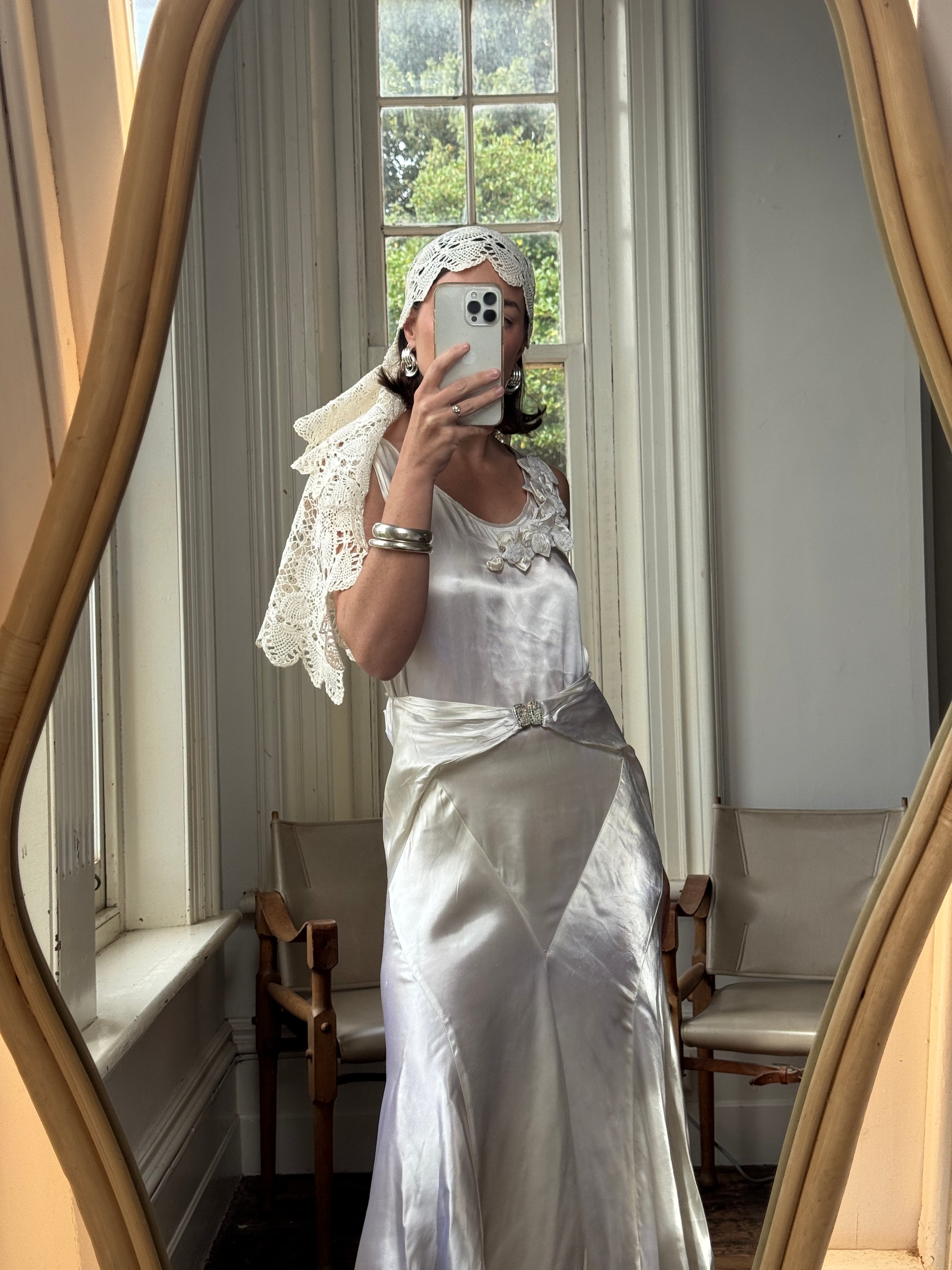 Vintage 30s Satin Bias Belted Bridal Midi