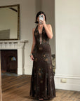 Vintage 90s Pure Silk Beaded Lace Up Dress Chocolate