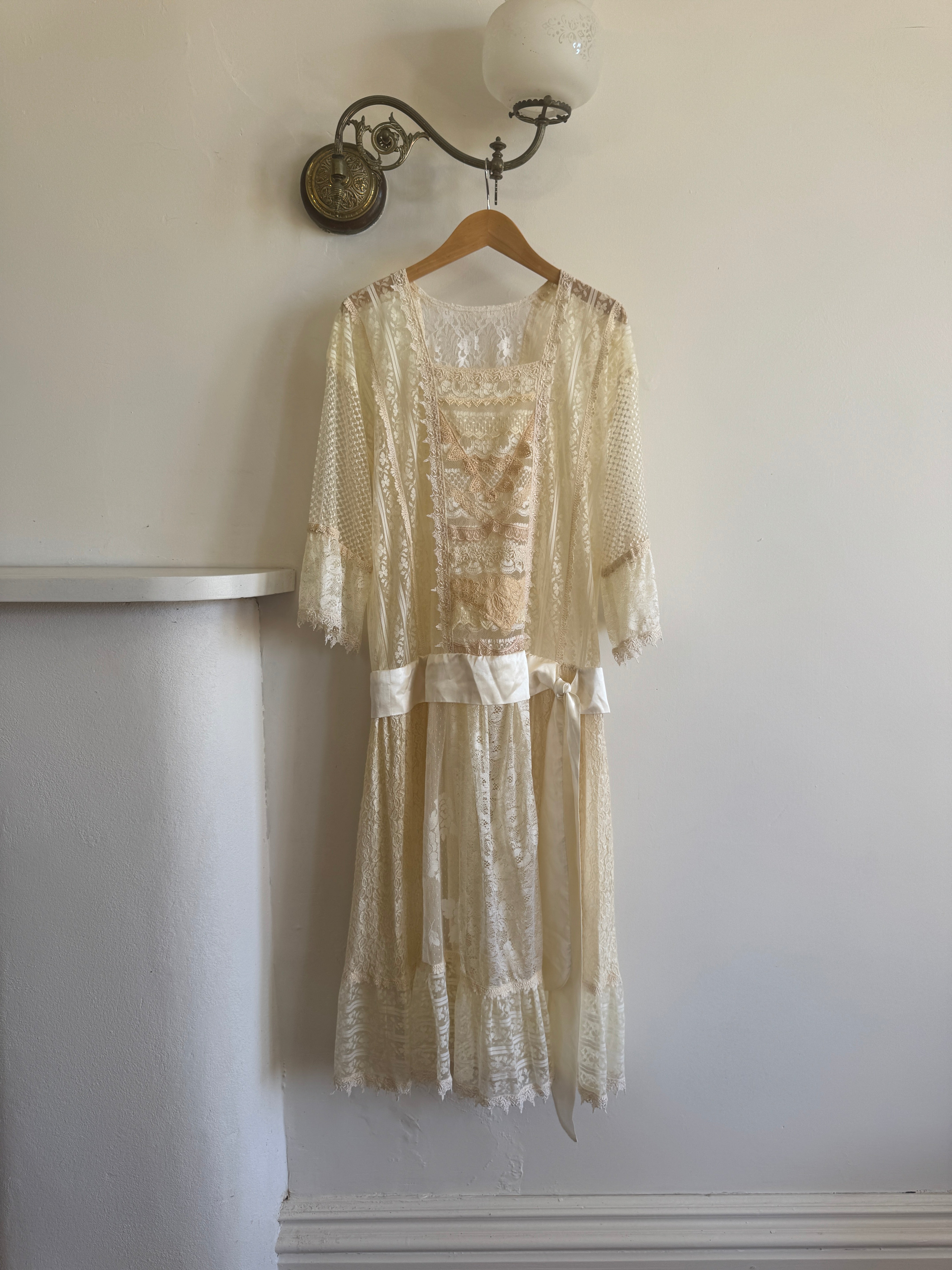Vintage 80s Drop Waist Patchwork Lace Sheer Wedding Dress