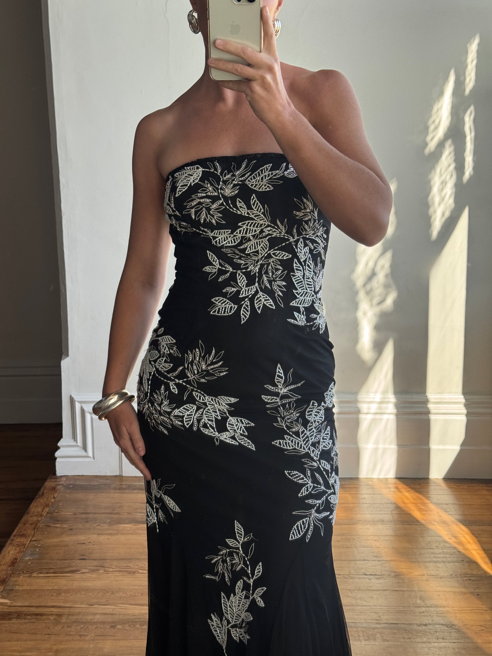 Vintage 90s Embroidered Net Strapless Dress Noir and White