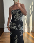 Vintage 90s Embroidered Net Strapless Dress Noir and White