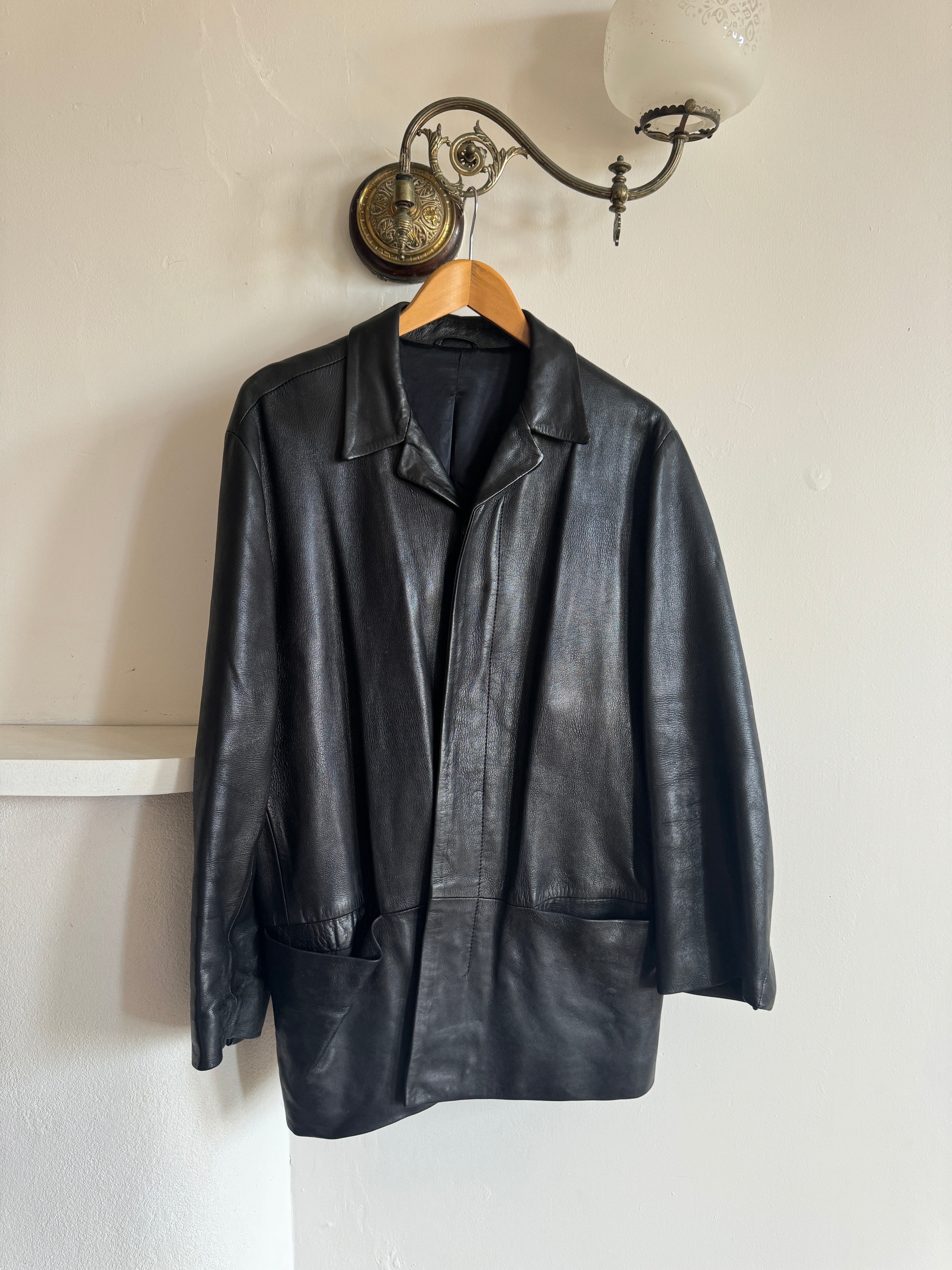 Vintage 90s Collared Leather Jacket Noir
