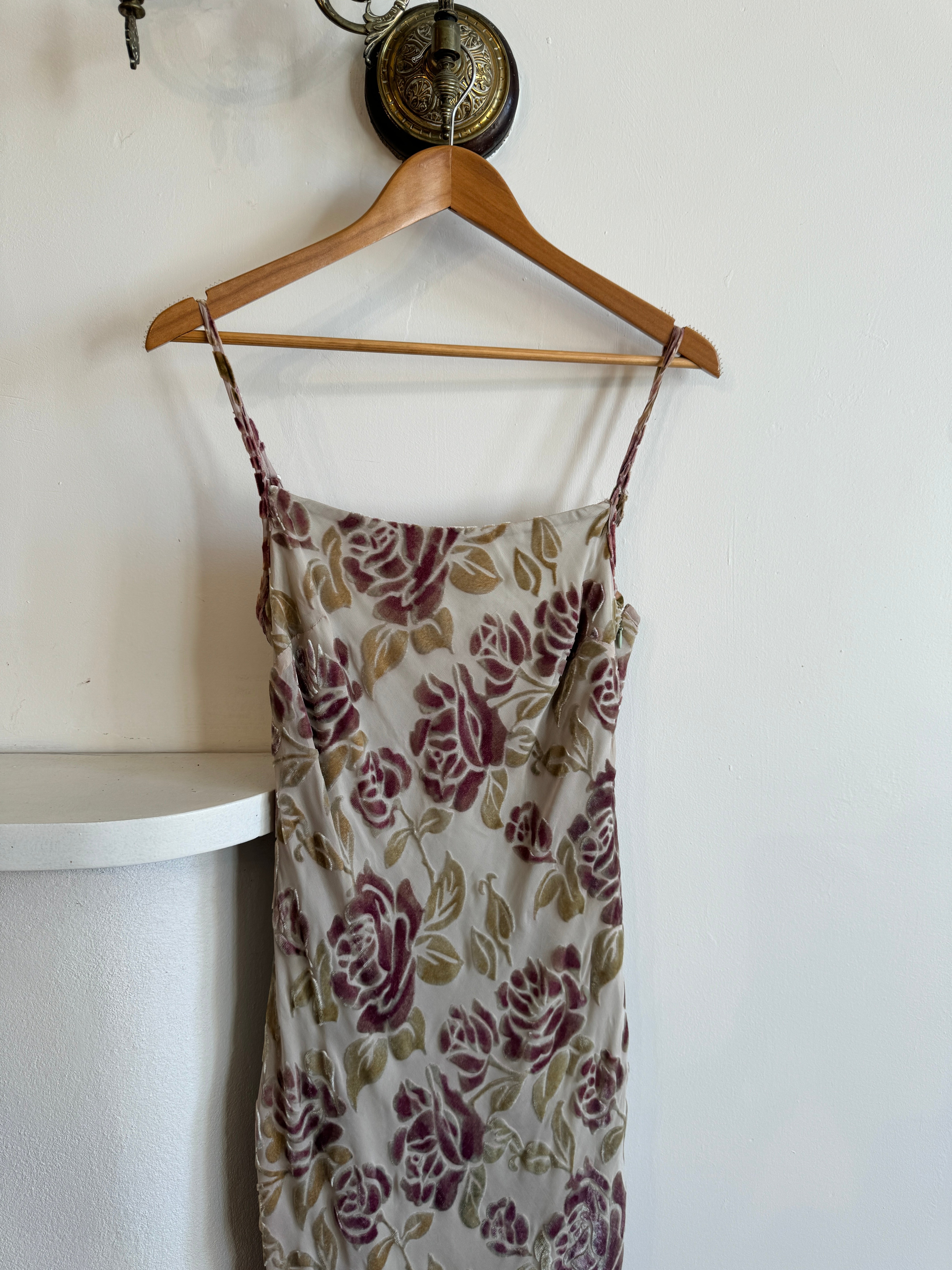 Vintage 90s Burnt Velvet Bias Cut Slip Dress Olive