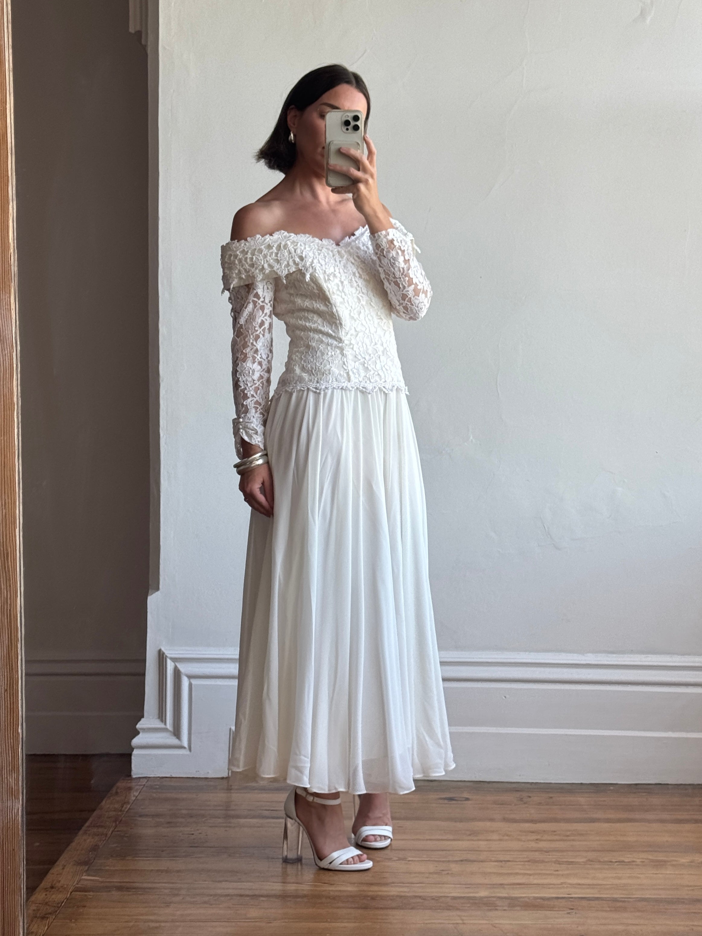 Vintage 90s Lace Off The Shoulder Chiffon Wedding Dress