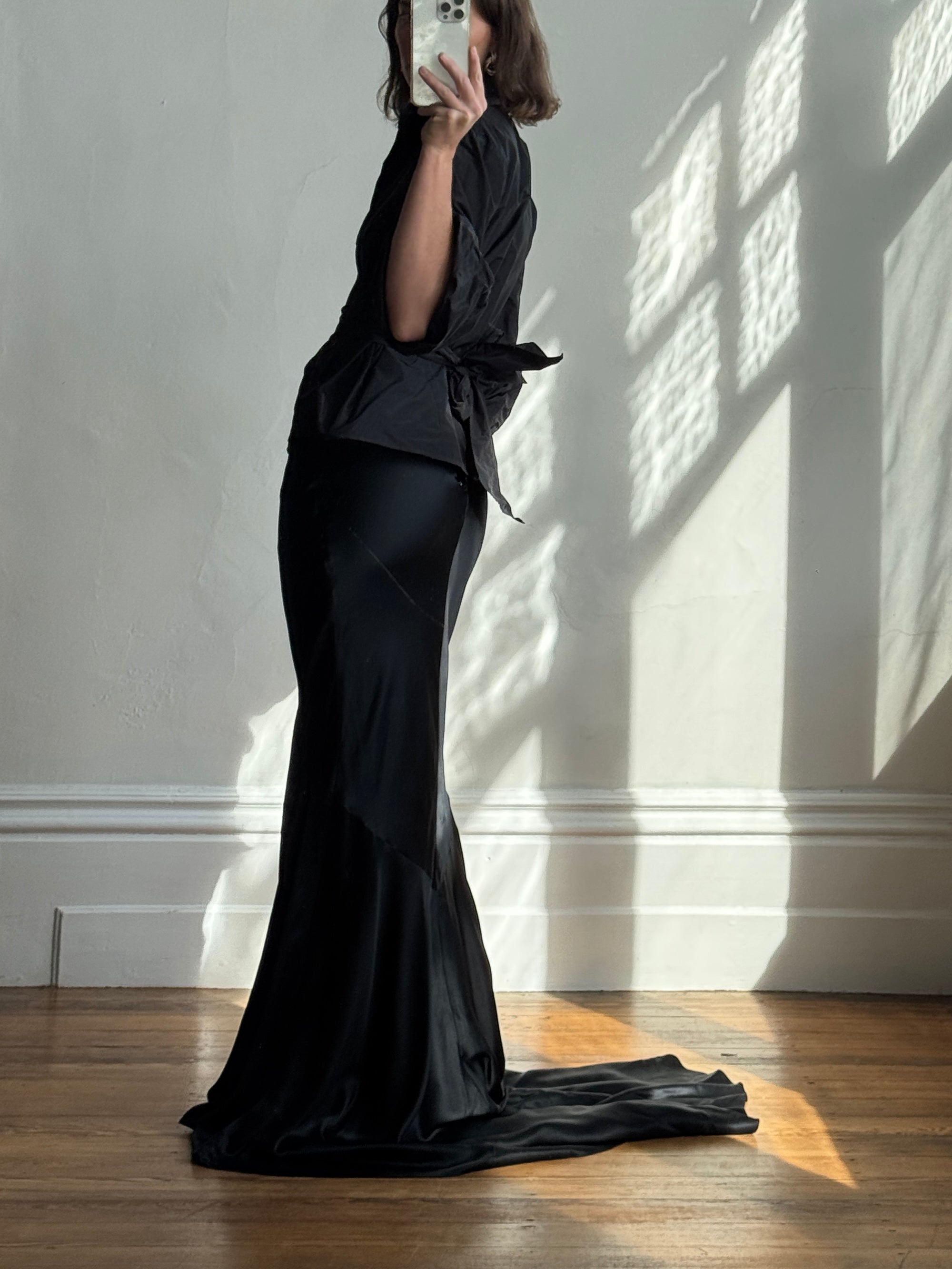Vintage 90s Pure Silk Fishtail Skirt With Train Noir