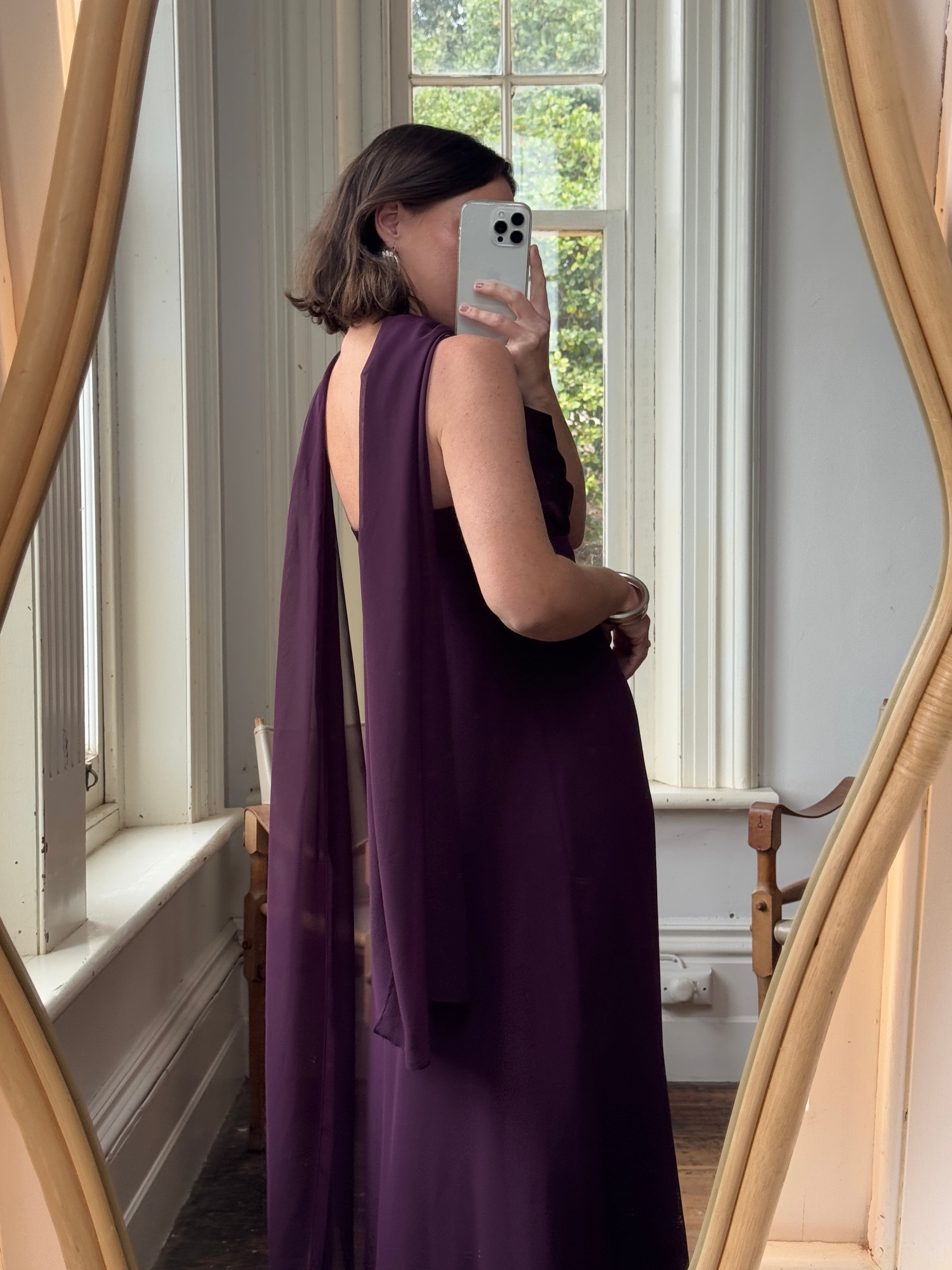 Vintage 90s Aubergine Cowl Neck Dress With Scarf