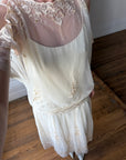 Vintage 80s Drop Waist Floral Sheer Midi Dress Creme