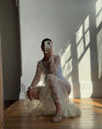 Vintage 80s Sheer Lace Fluted Wedding Dress
