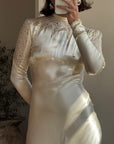 Vintage 40s Liquid Satin Wedding Gown Jester Lace Neckline