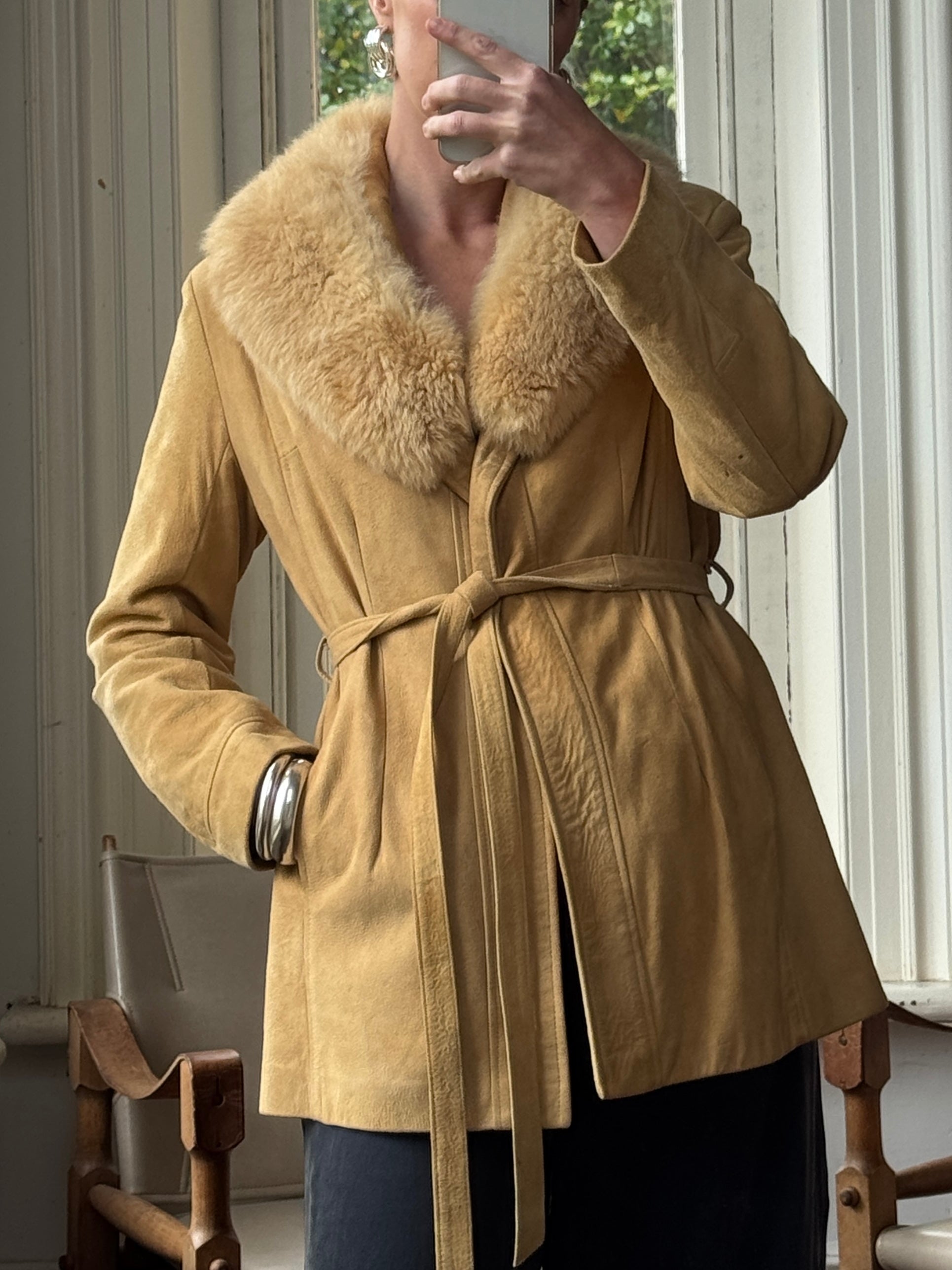 Vintage 70s Caramel Suede Belted Jacket with Fur Collar
