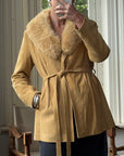 Vintage 70s Caramel Suede Belted Jacket with Fur Collar