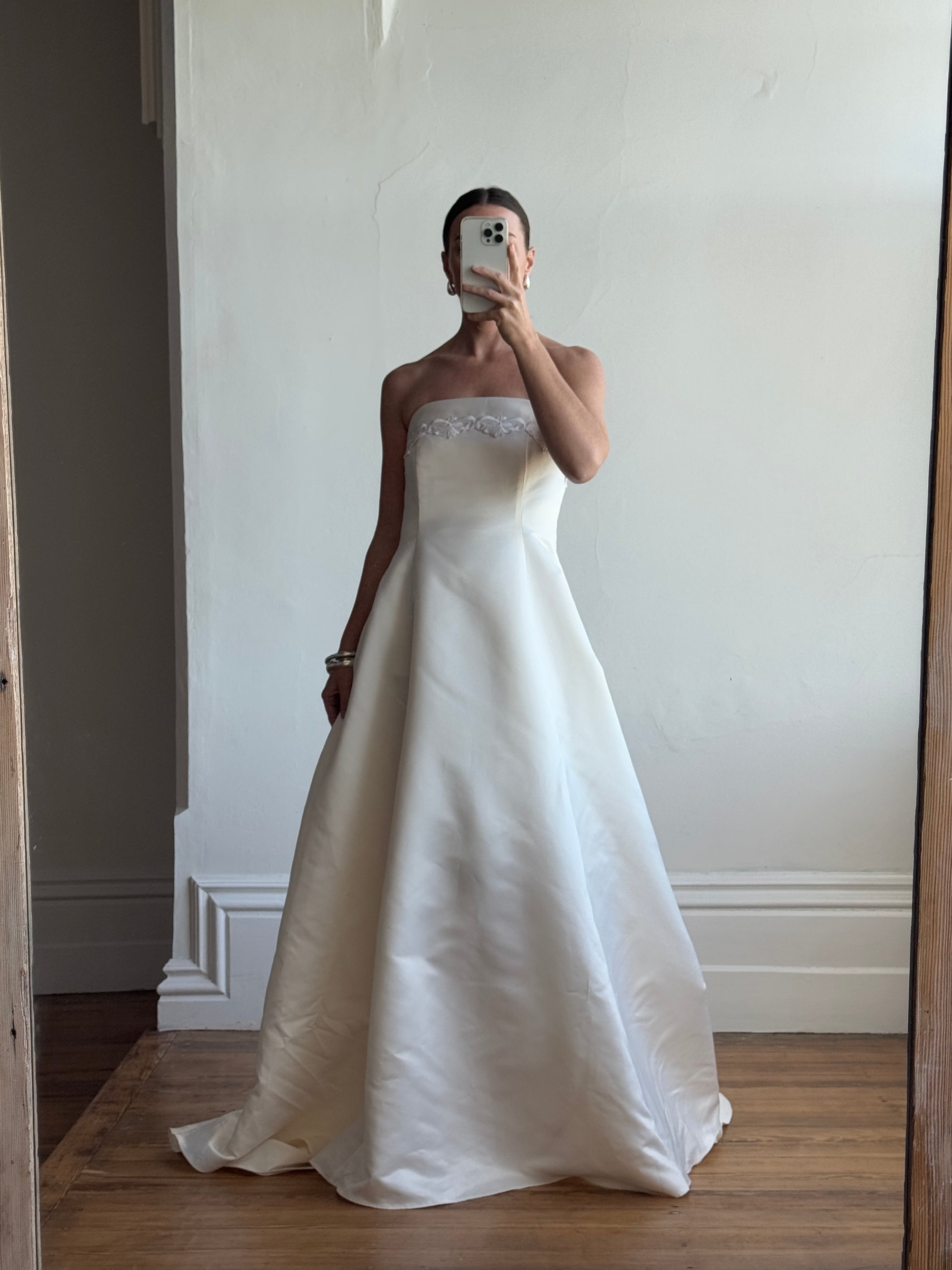 Vintage 90s Satin Strapless A-Line Wedding Dress With Train