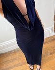 Vintage 90s Plunging Navy Velvet Bodycon Dress with Silver Hardware