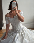 Vintage 90s Embellished Off Shoulder Satin Wedding Gown