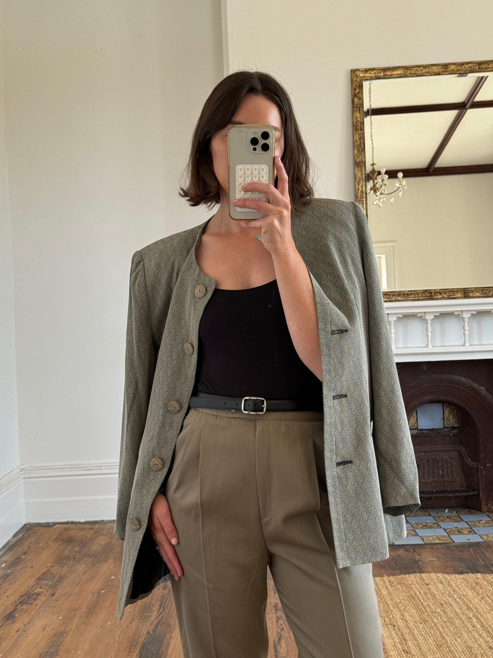 Vintage 80s Worsted Wool High Waist Suit Pant Olive Grey
