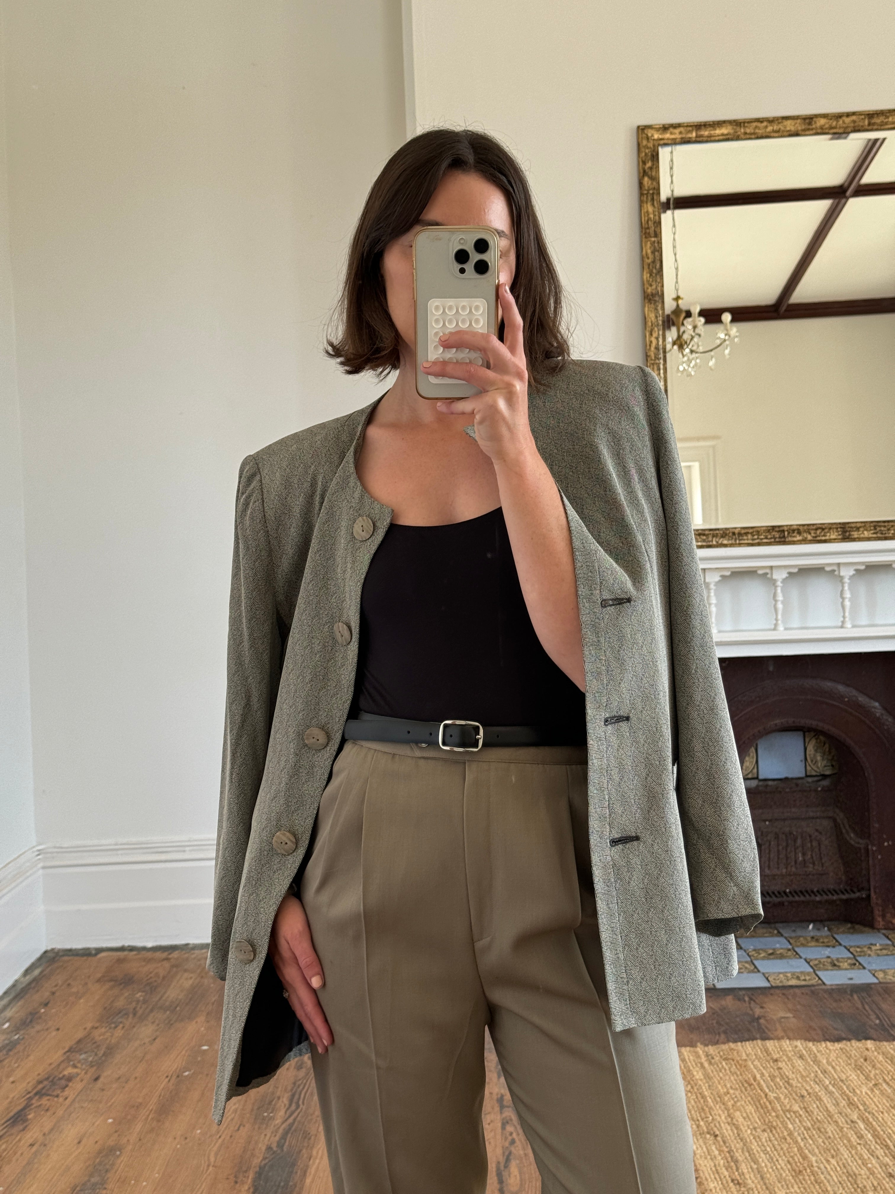 Vintage 80s Worsted Wool High Waist Suit Pant Olive Grey