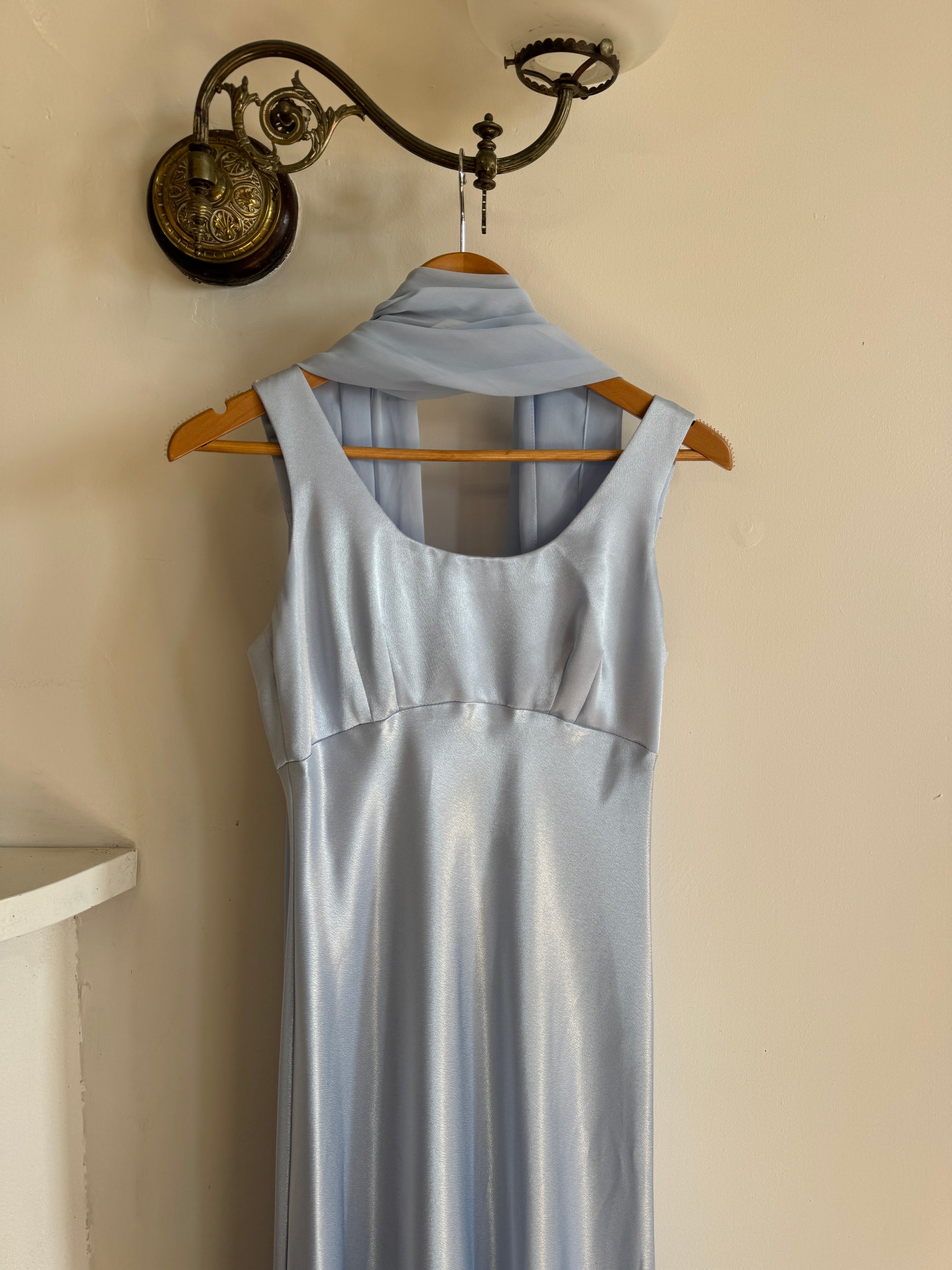 Vintage 90s Australian Made Satin Prom Dress with Scarf Ice Blue