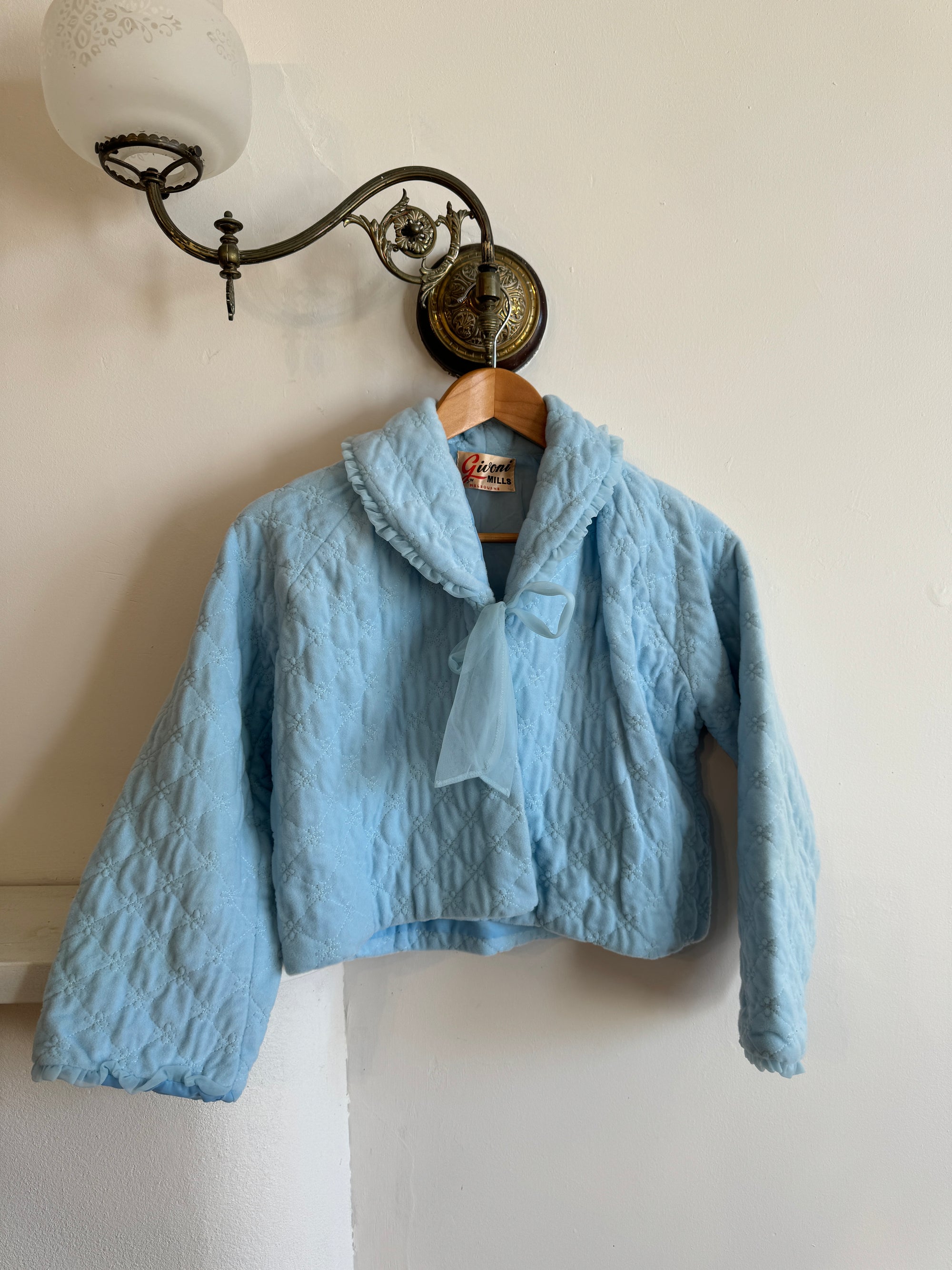 Vintage 50s Cropped Quilted Tie Cardi Sky Blue