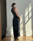 Vintage 70s High Neck Silver Lurex Evening Gown Noir