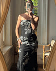 Vintage 90s Embroidered Net Strapless Dress Noir and White