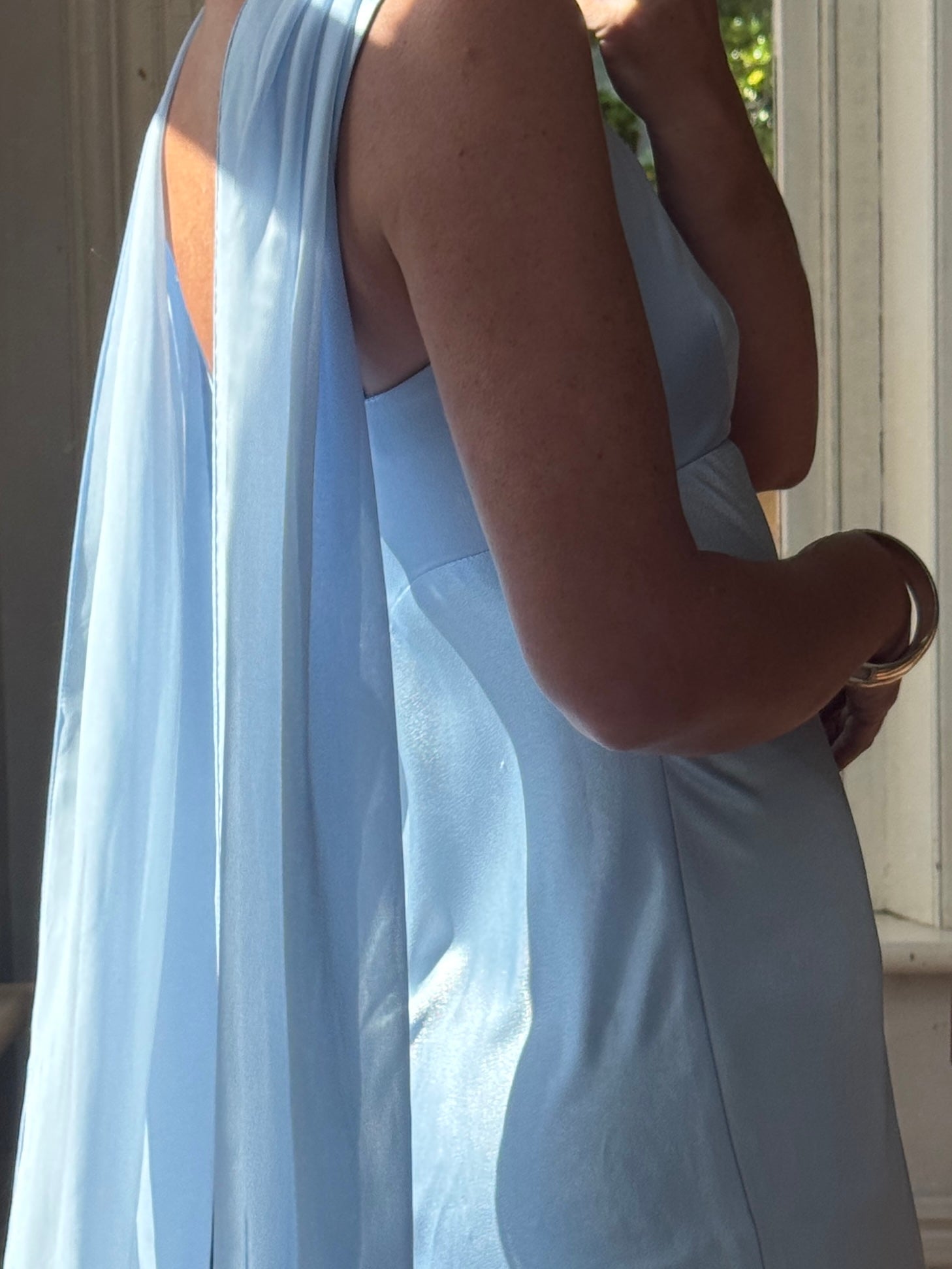 Vintage 90s Australian Made Satin Prom Dress with Scarf Ice Blue