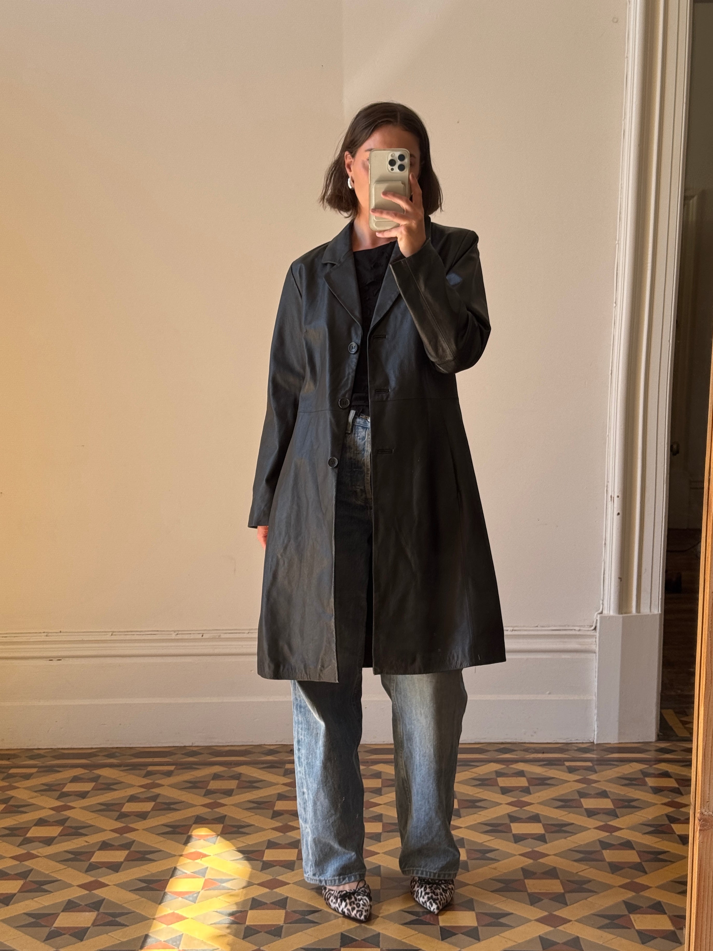 Vintage 90s Leather Mid Length Trench