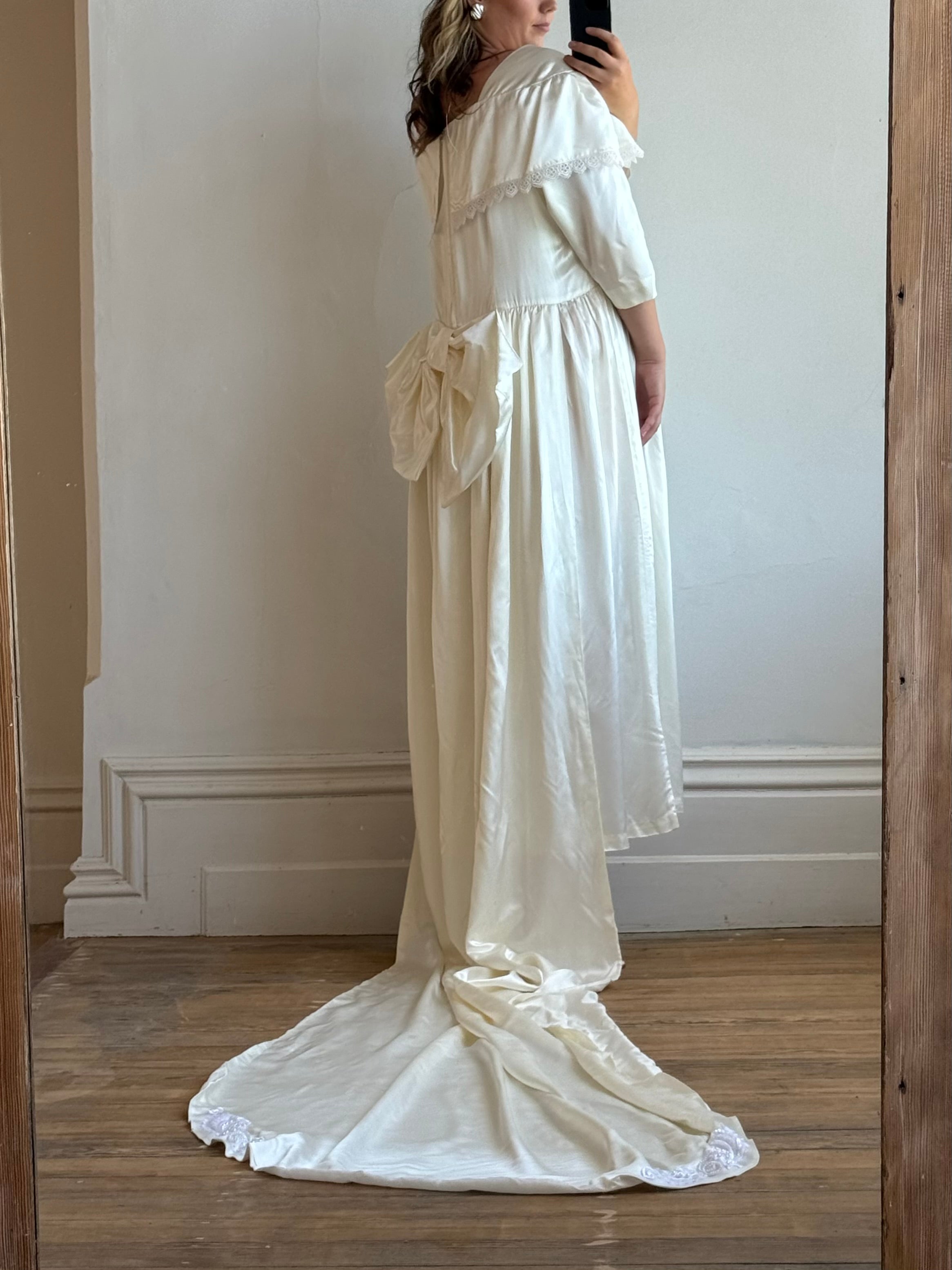 Vintage 80s Liquid Satin Basque Waist Wedding Dress