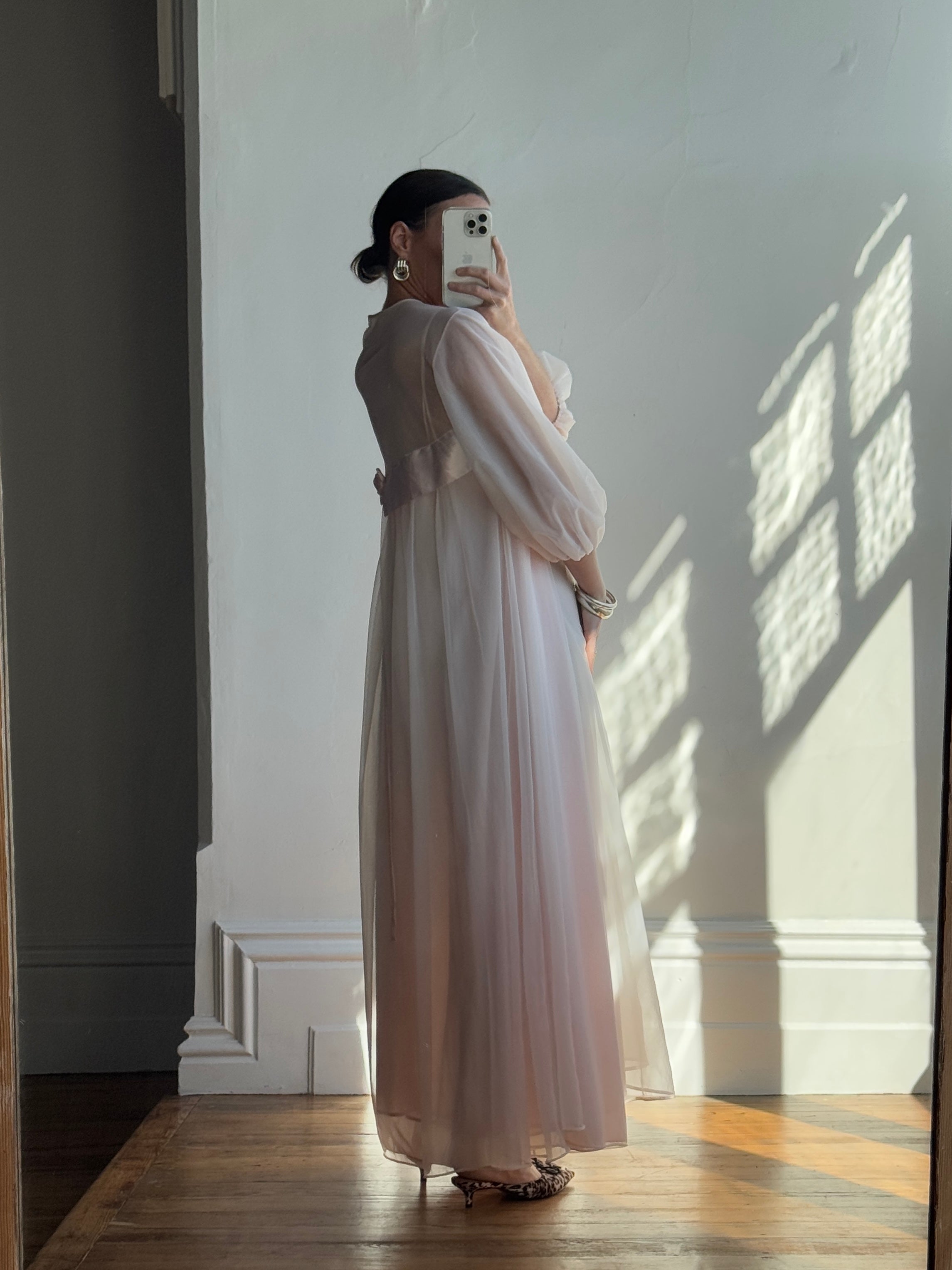 Vintage 60s Rosette Peignoir and Slip Set Pale Pink
