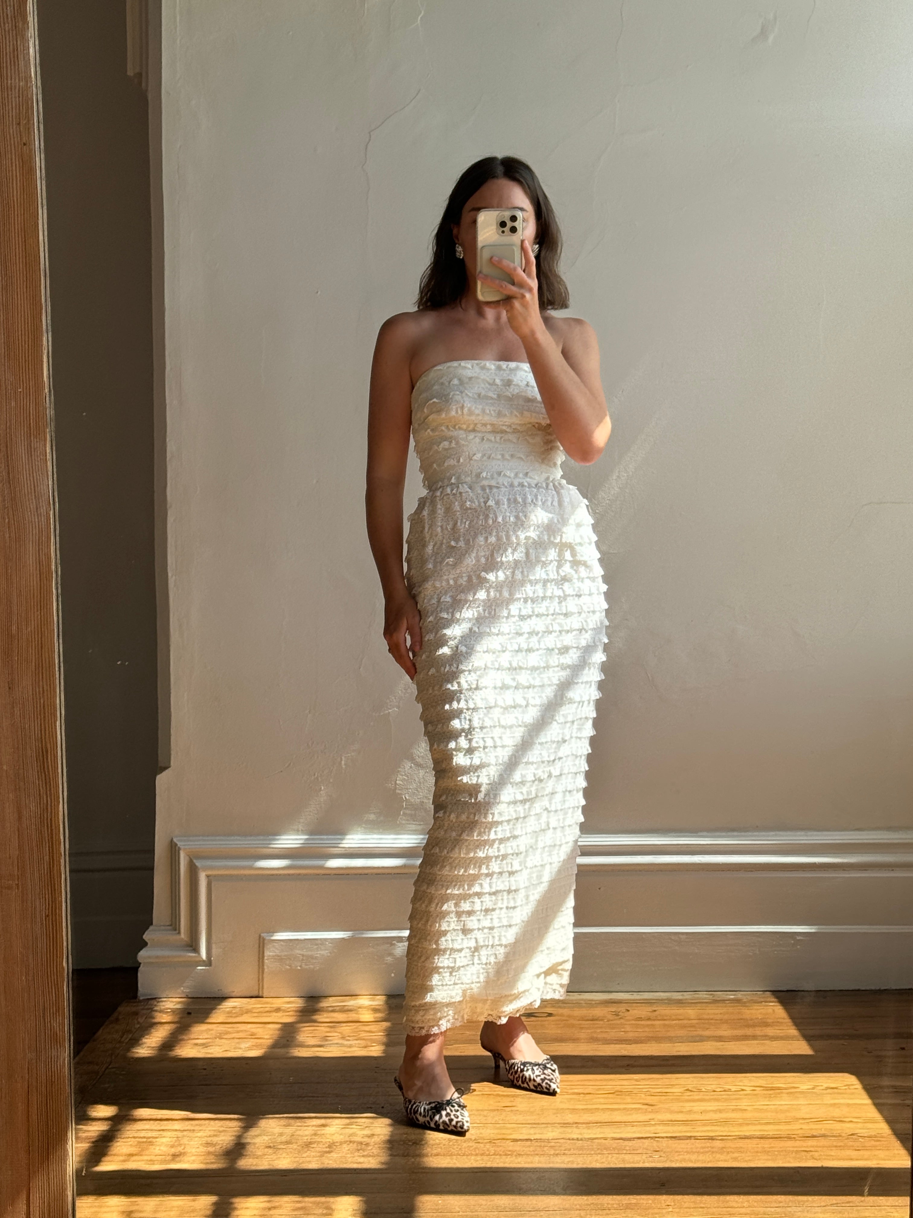 Vintage 60s Tiered Ruffle Lace Strapless Midi