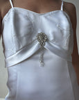 Vintage 90s A-Line Satin Wedding Dress with Rhinestone Pendant