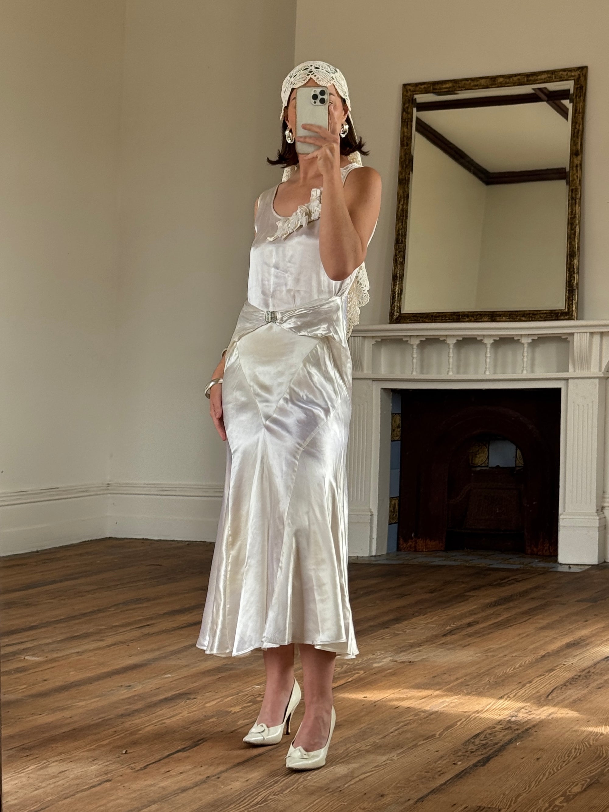 Vintage 30s Satin Bias Belted Bridal Midi