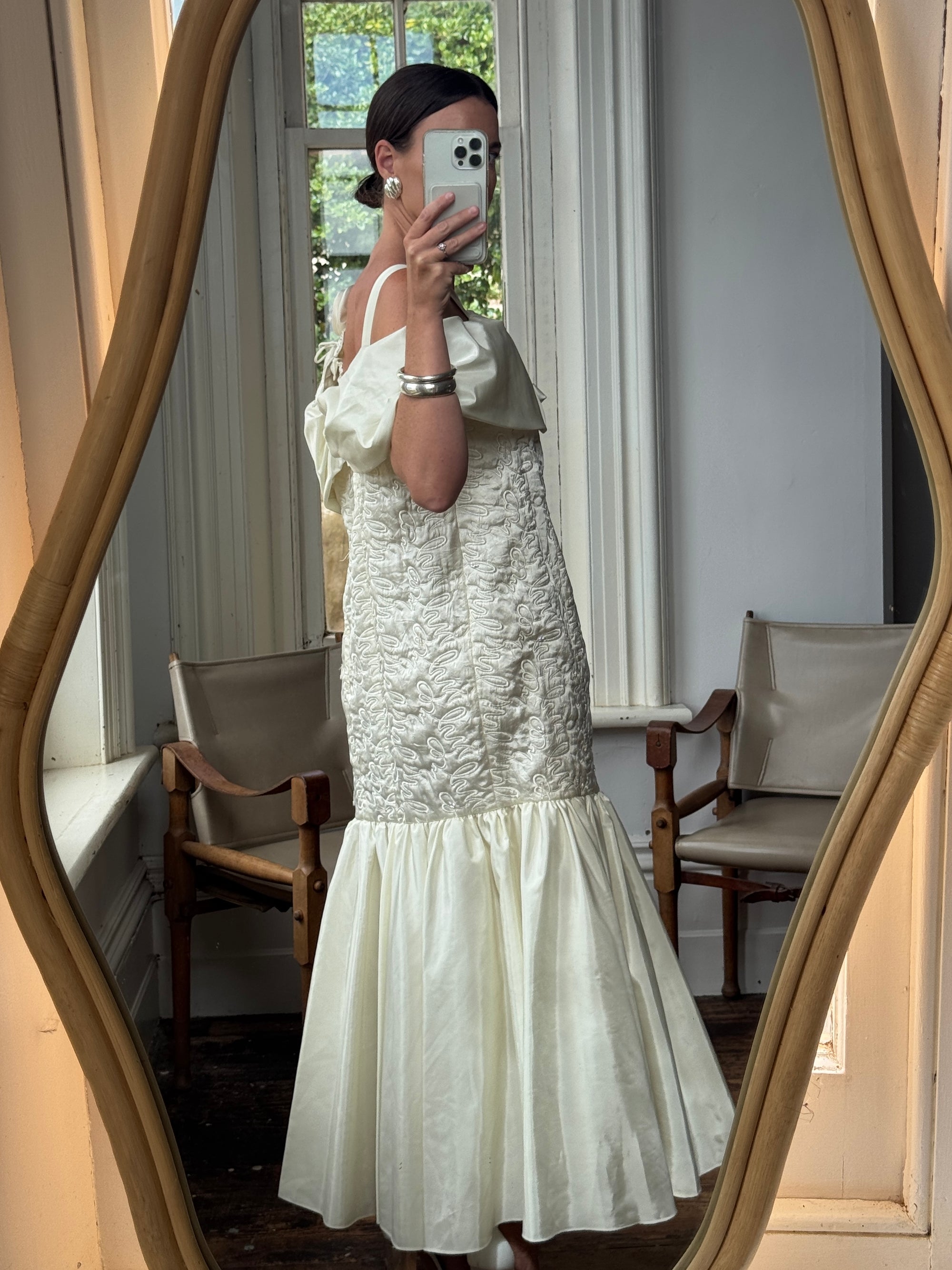 Vintage 80s Drop Waist Quilted Wedding Dress Creme