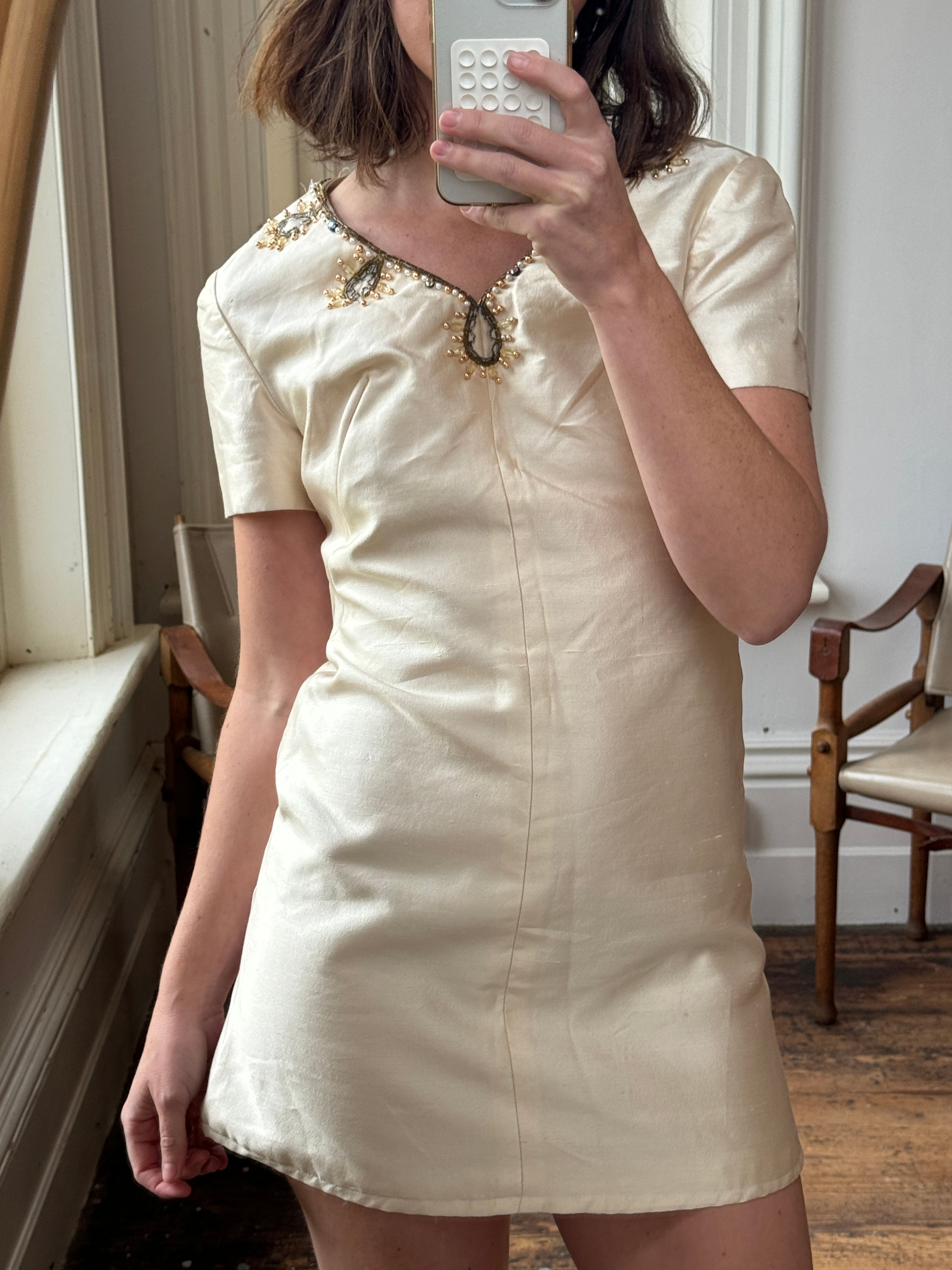 Vintage Silk and Wool Beaded Micro Mini Dress Creme
