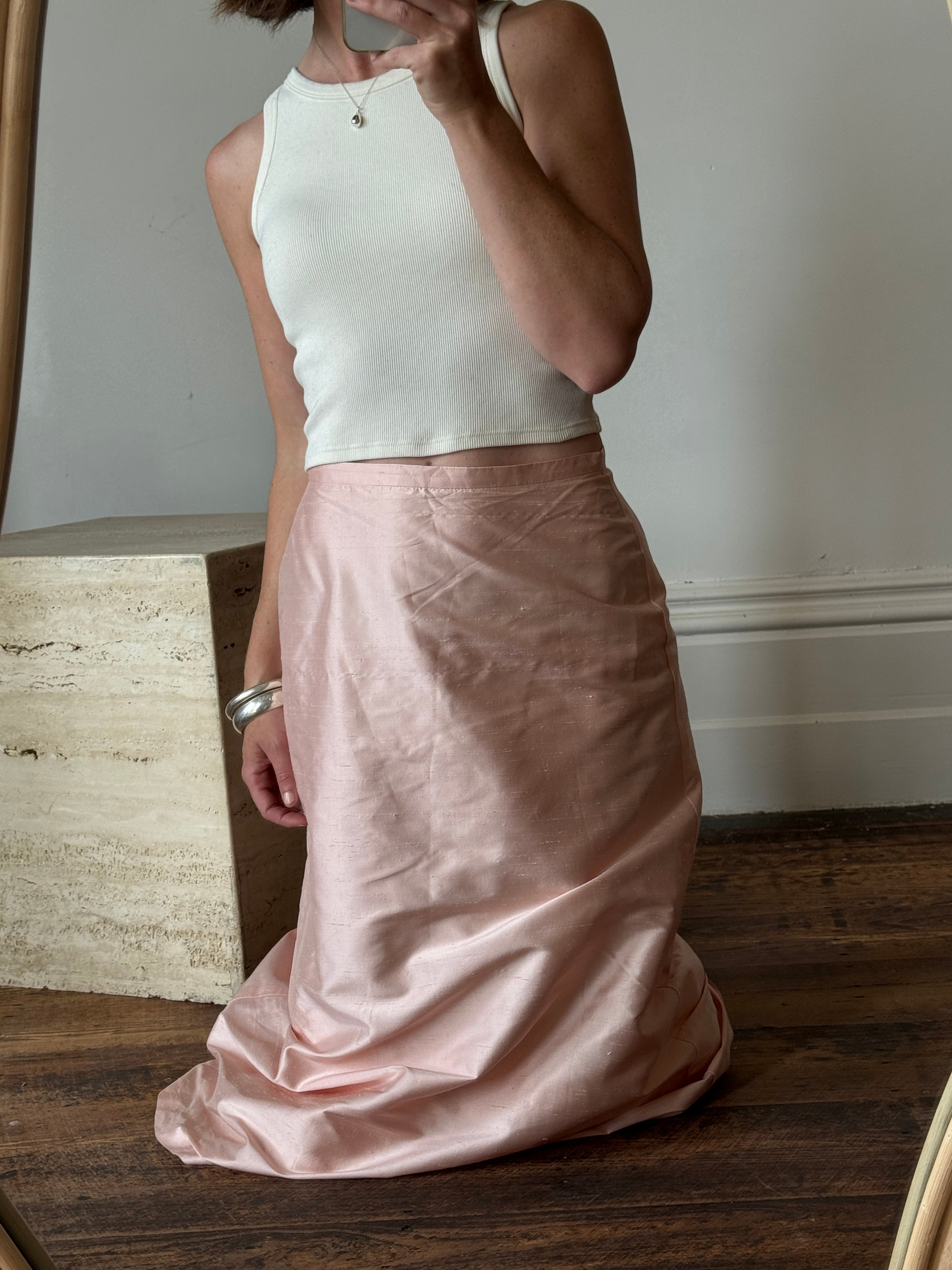 Vintage Pink Pure Silk High Waist Midi Skirt