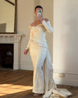 Vintage 90s Silk Rosette Off Shoulder Gown With Bow Train