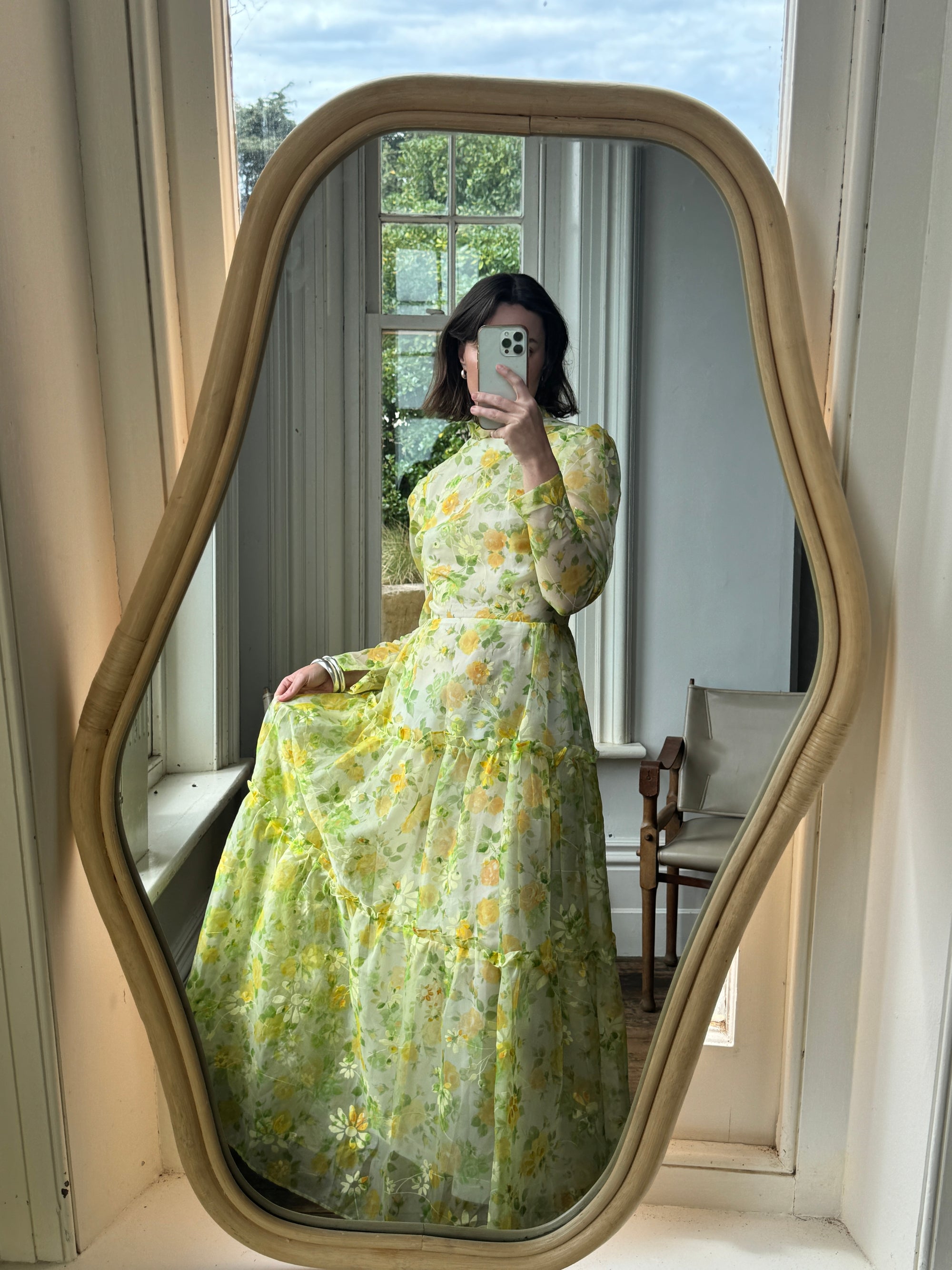 Vintage 70s Lemon Floral Tiered Maxi Dress
